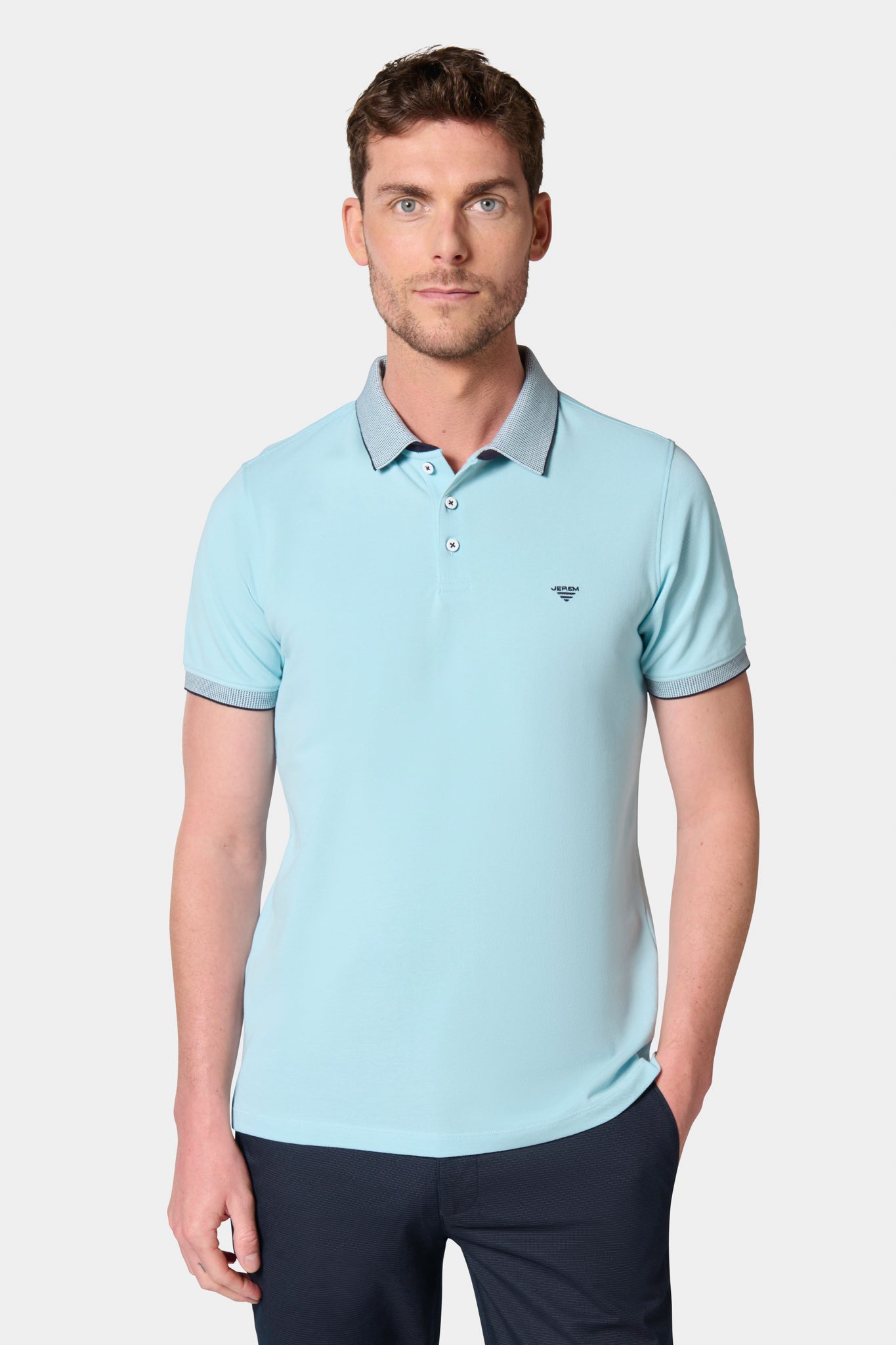 Finition bord-côte fantaisie manches courtes — Polo jacri double col Jerem, coupe confortable, col polo, coloris bleu ciel