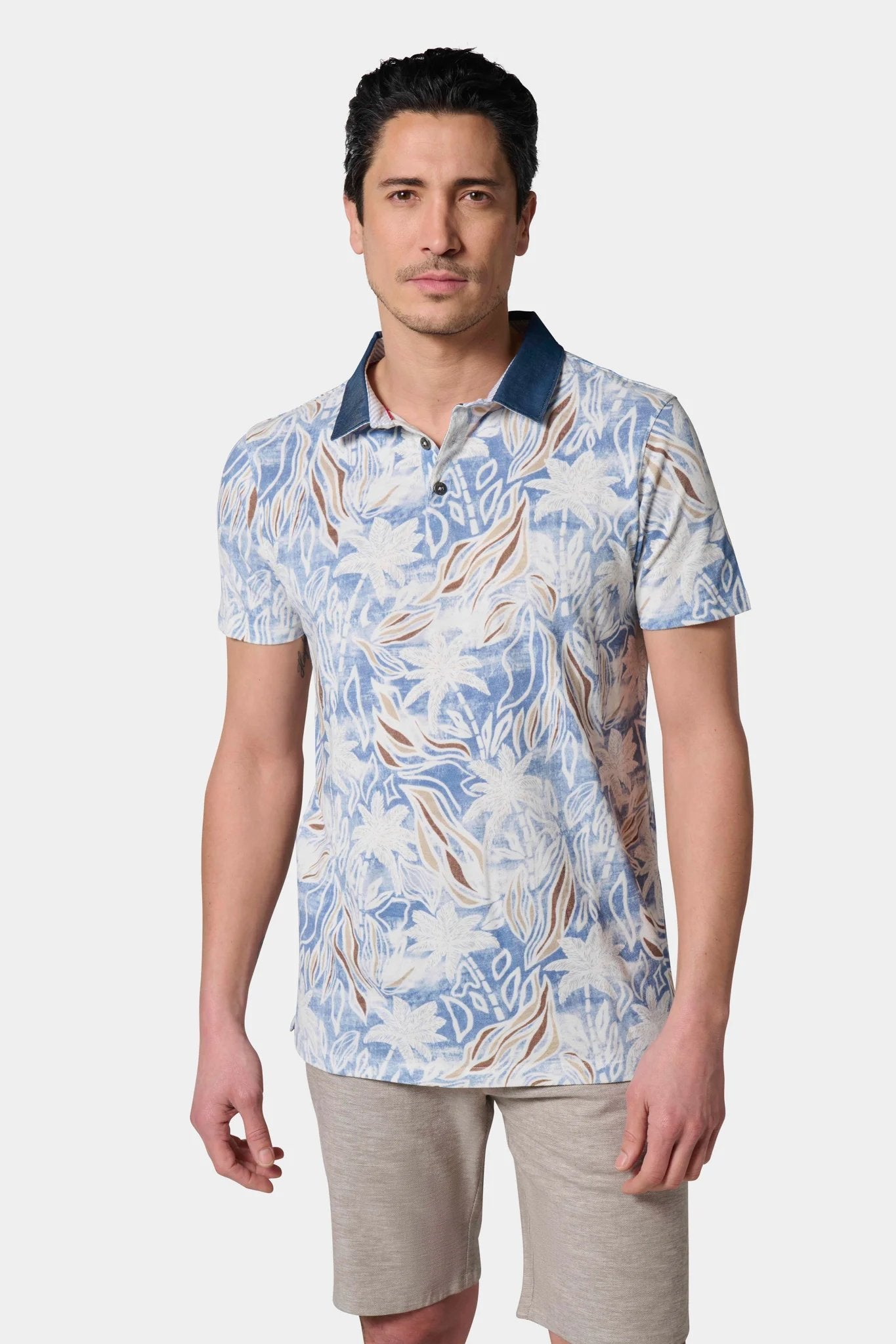 Polo en piqué de coton imprimé avec col chemise manches courtes, Jerem