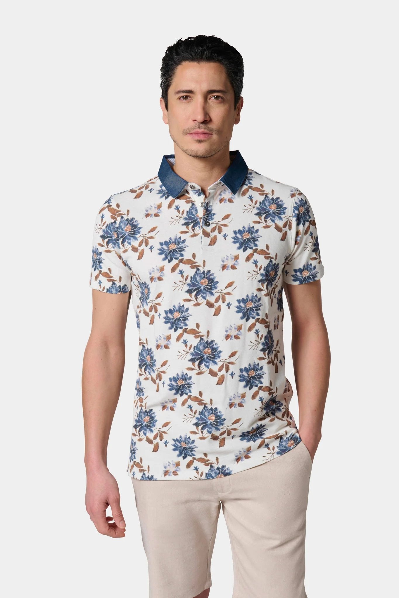 Polo, piqué de coton imprimé avec col chemise manches courtes Jerem, coupe confortable, col chemise, coloris camel