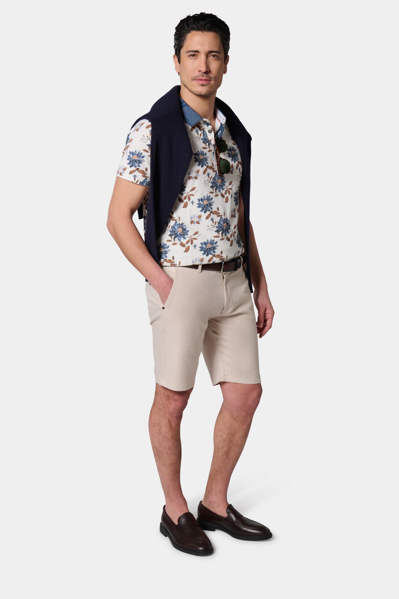 Piqué de coton imprimé avec col chemise manches courtes — Polo Jerem, col chemise, manches courtes, coloris camel