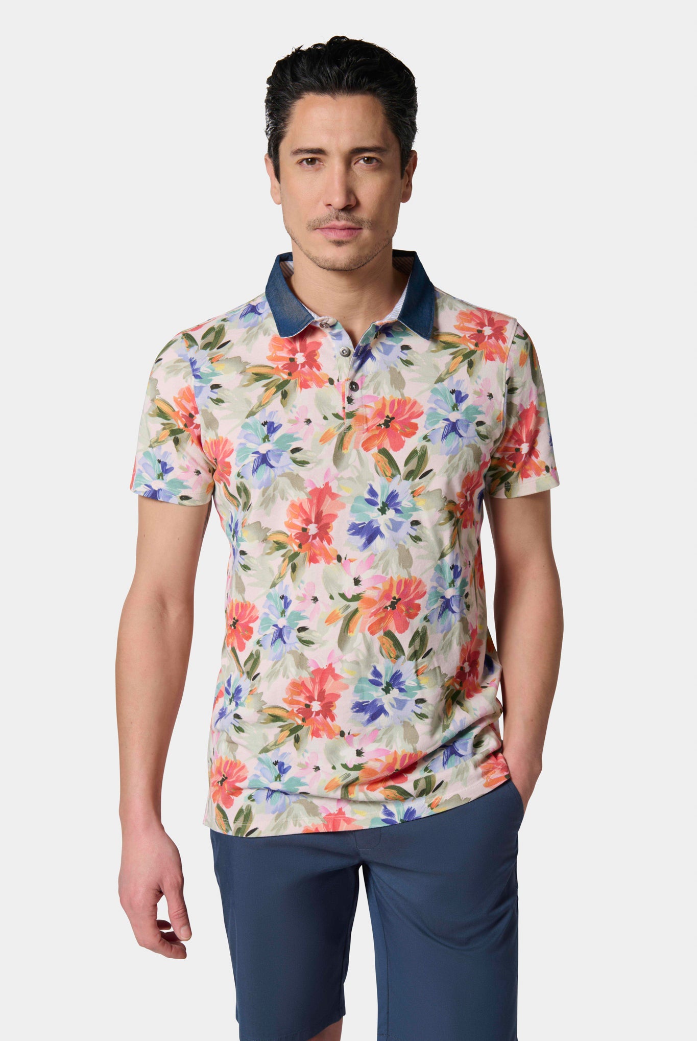 Polo, piqué de coton imprimé avec col chemise manches courtes Jerem, manches courtes, coupe confortable, coloris beige