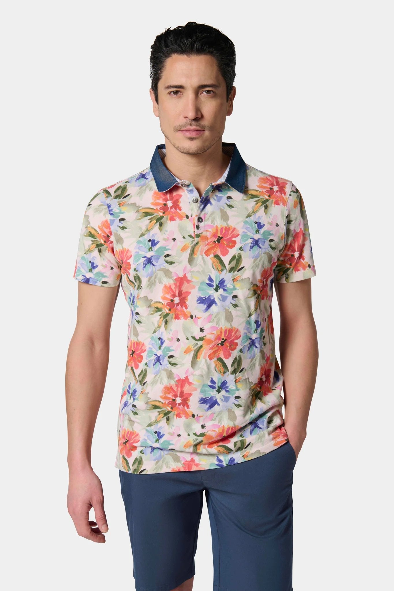 Polo, piqué de coton imprimé avec col chemise manches courtes Jerem, manches courtes, coupe confortable, coloris beige