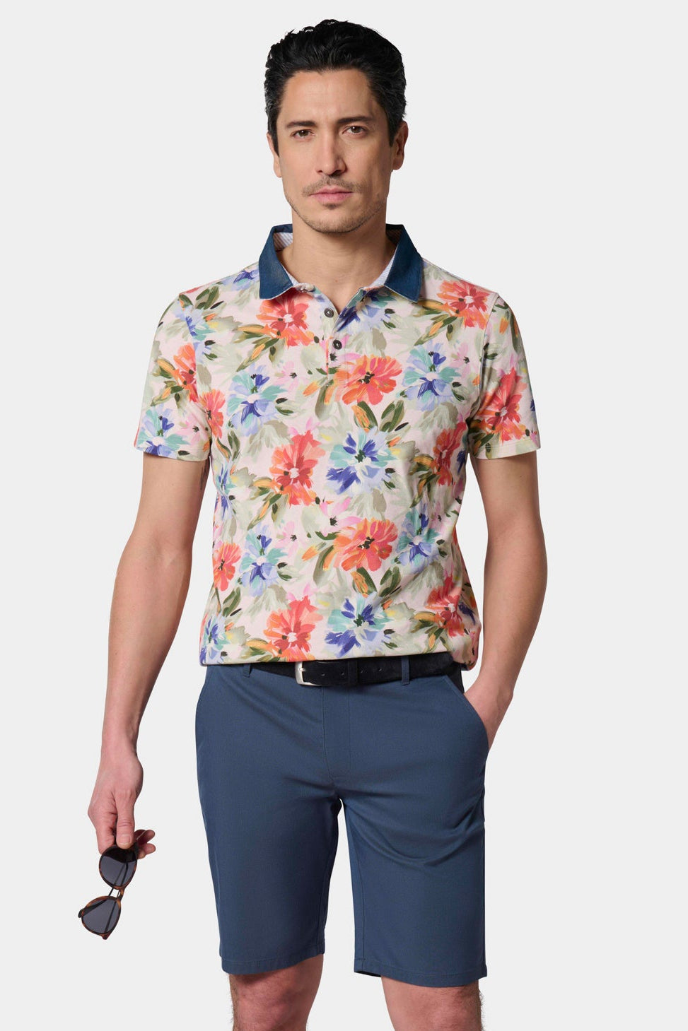 Polo en piqué de coton imprimé avec col chemise manches courtes Jerem, col chemise, manches courtes, coupe confortable, coloris beige