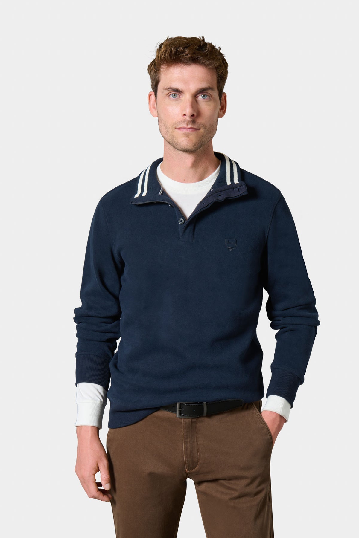 Zipped high-neck polo with embroidered logo