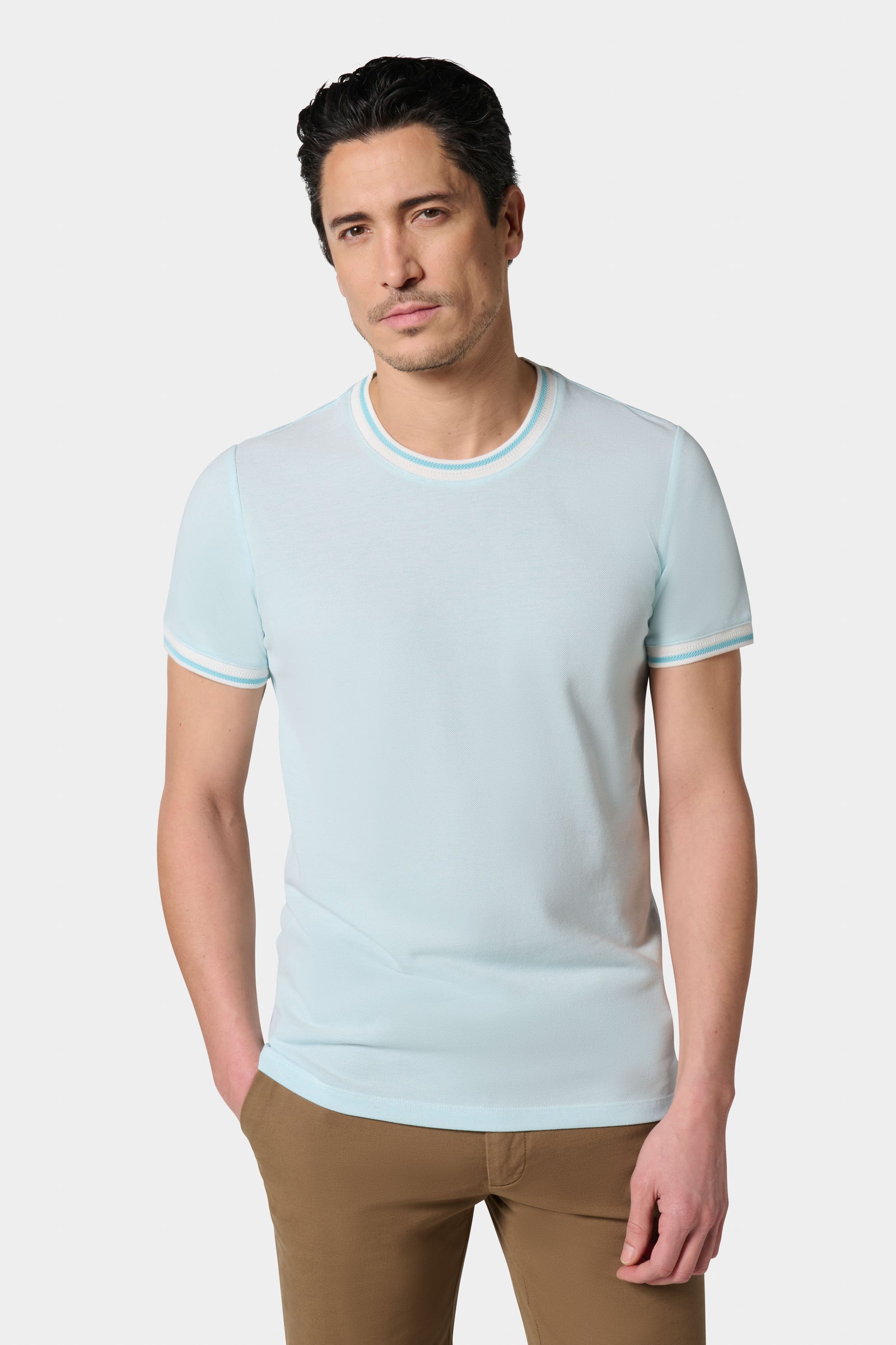 T-shirt, piqué de coton bicolore Jerem, coupe confortable, manches courtes, coloris bleu ciel