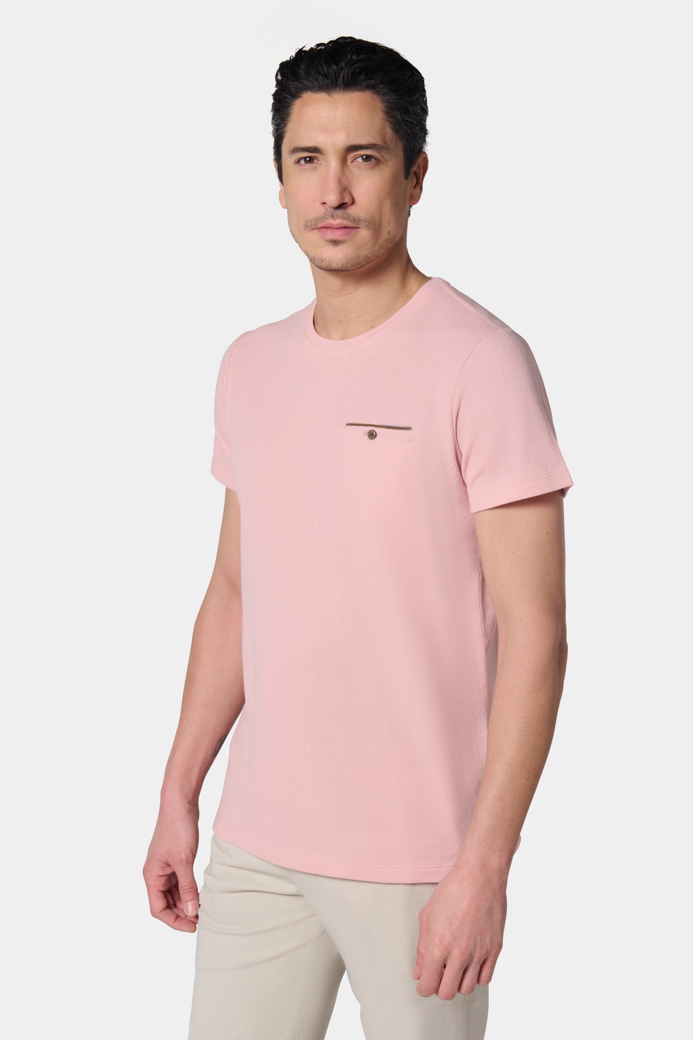 Jacquard — T-shirt Jerem, poche poitrine, manches courtes, coloris rose poudré
