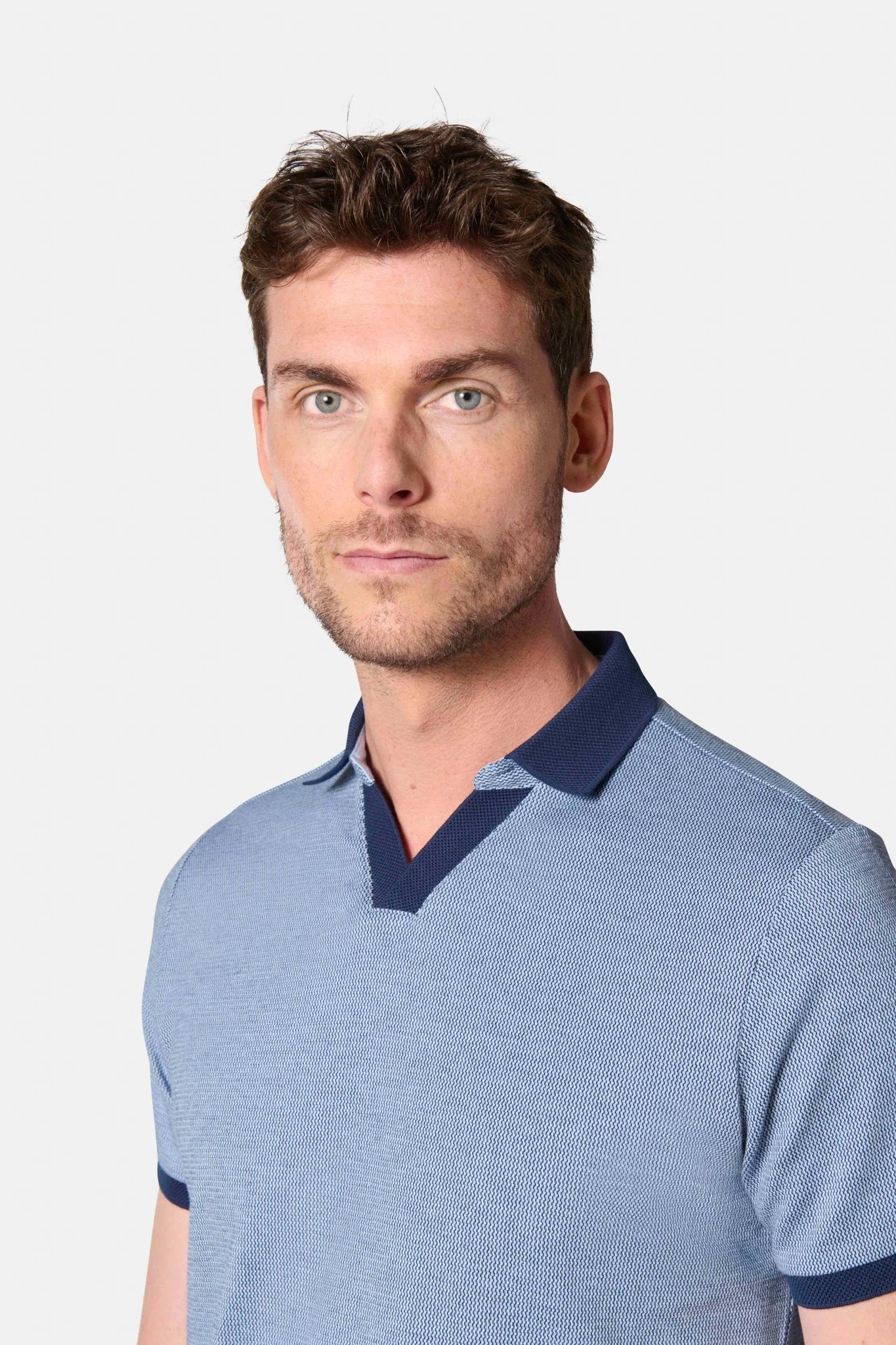 Polo, jacquard à col ouvert manches courtes Jerem, manches courtes, coupe ajustée