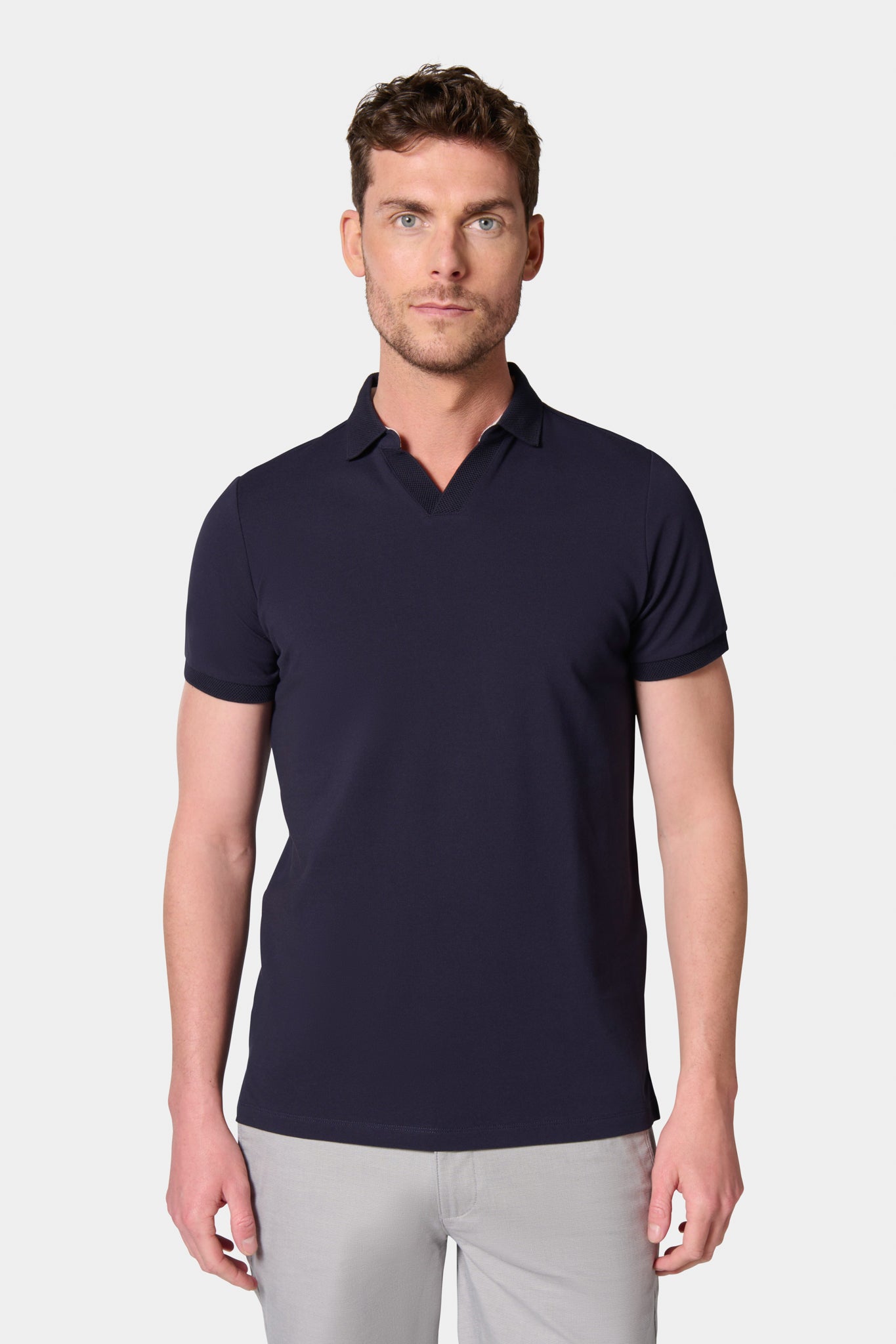 Polo estel en piqué de coton stretch col ouvert manches courtes Jerem, manches courtes, coupe ajustée