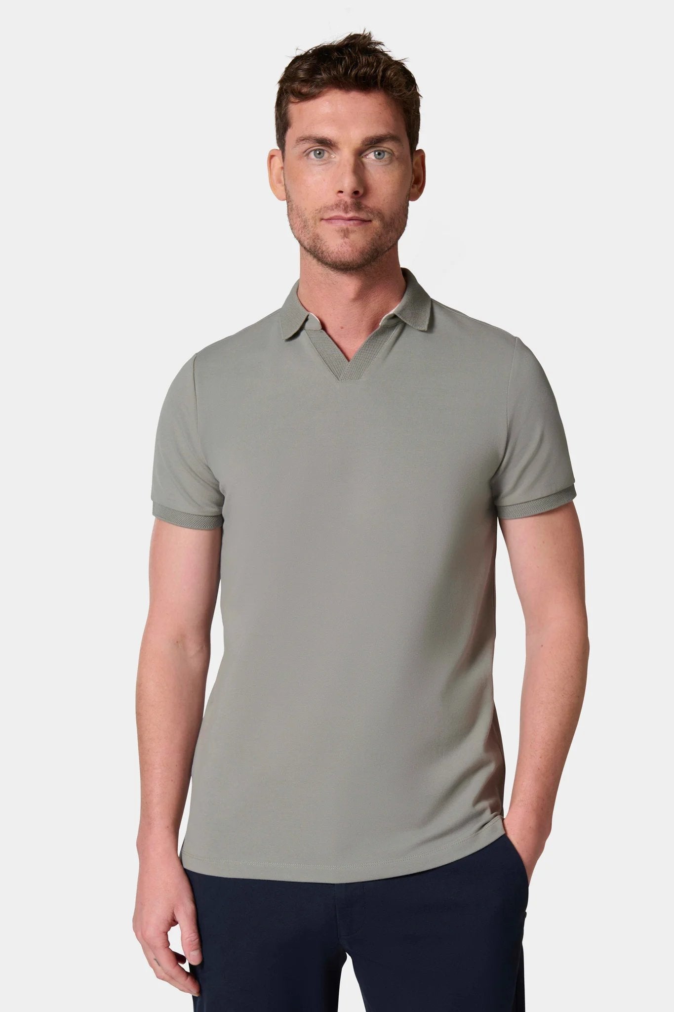 Polo estel en piqué de coton stretch col ouvert manches courtes Jerem, col polo, manches courtes, coupe ajustée, coloris gris