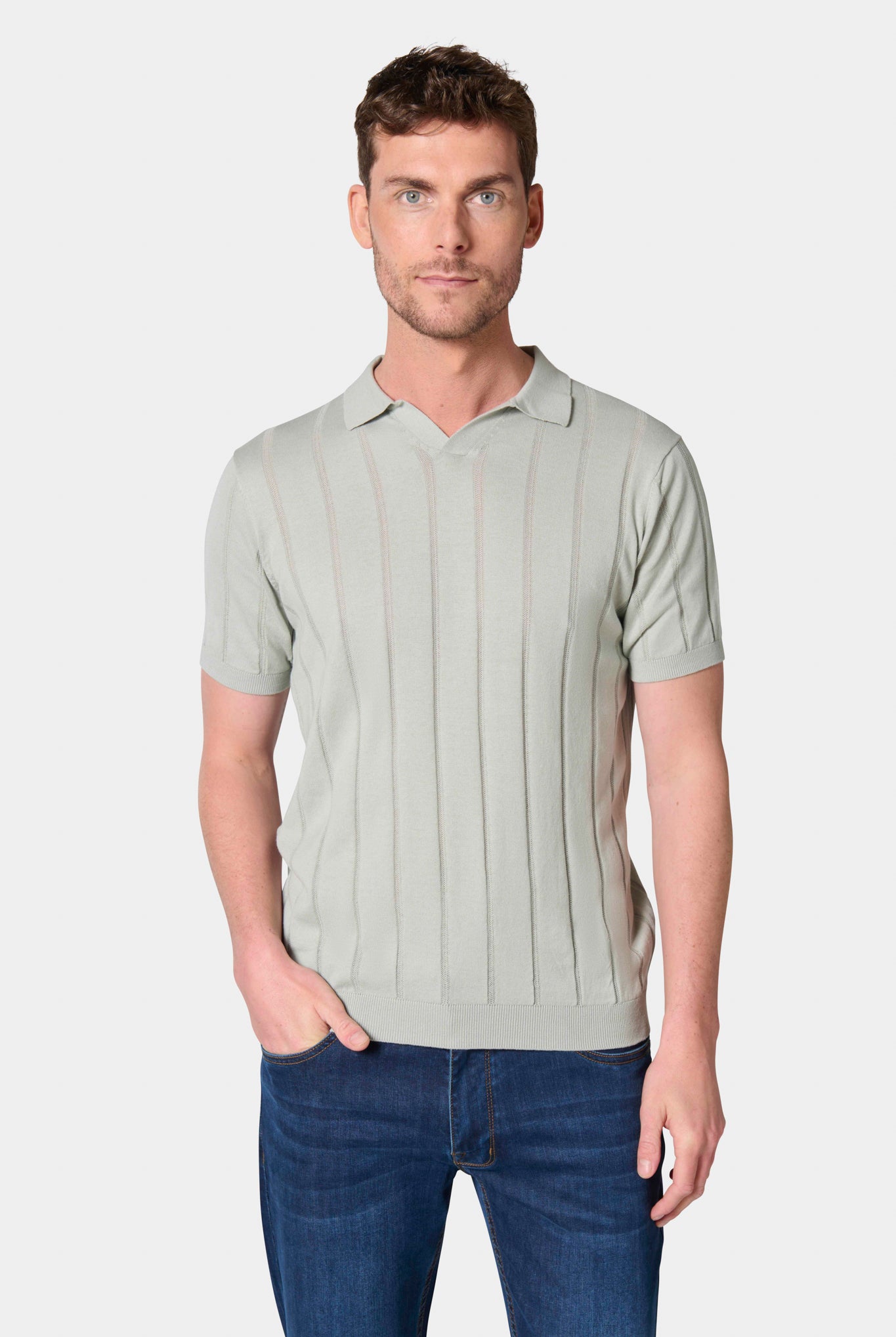 Pull manche courte col polo ouvert Jerem, col polo, manches courtes, coloris vert sauge