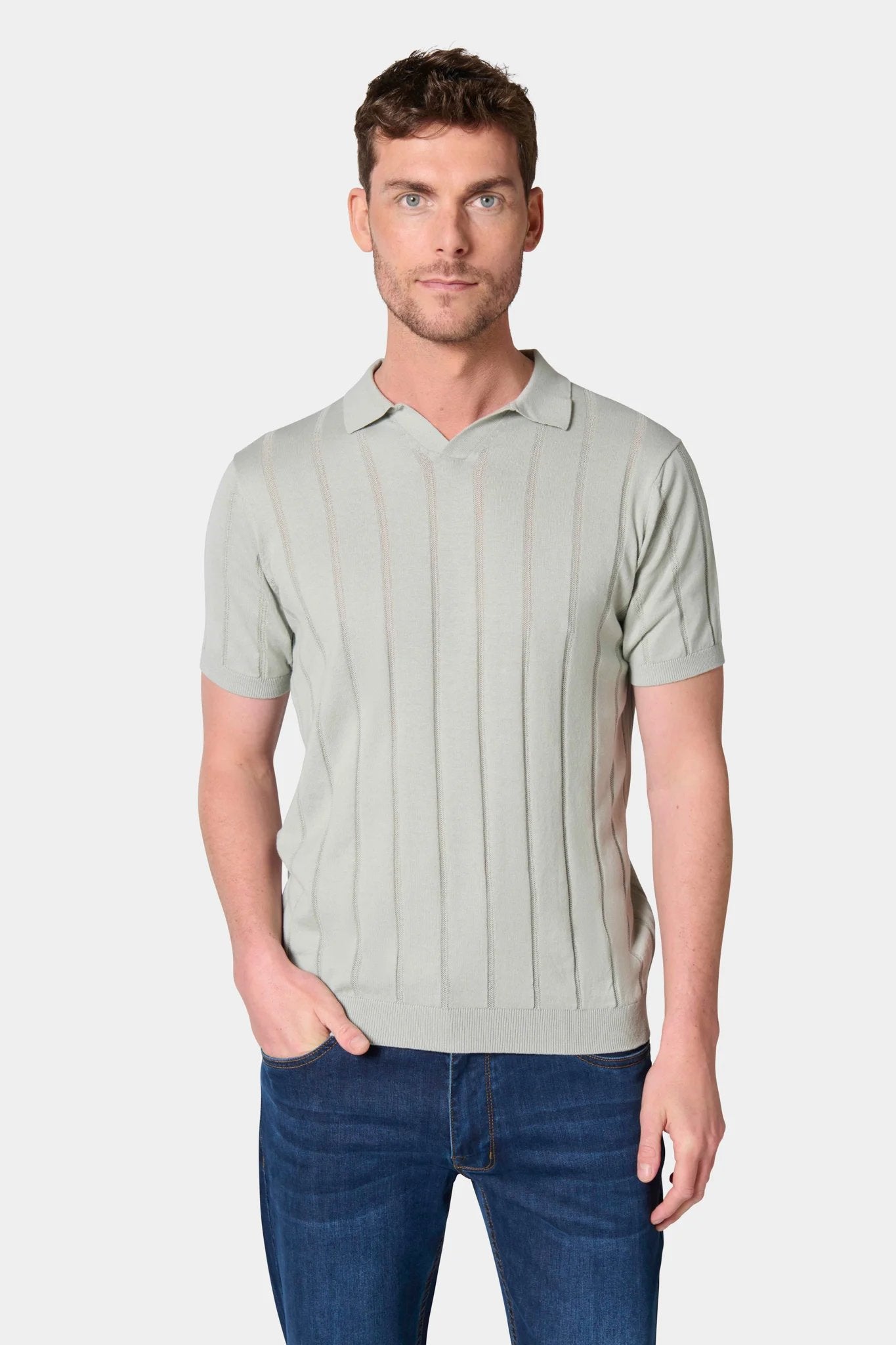 Pull manche courte col polo ouvert Jerem, col polo, manches courtes, coloris vert sauge