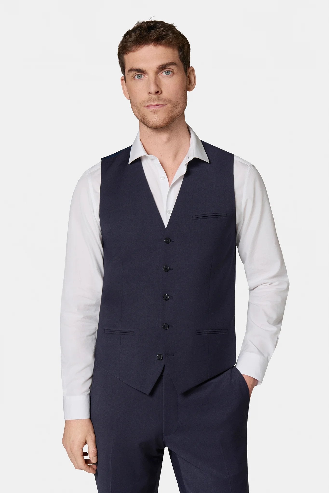 Gilet de costume lavable en laine vierge bi-stretch Jerem, entièrement doublée, simple boutonnage, coloris noir