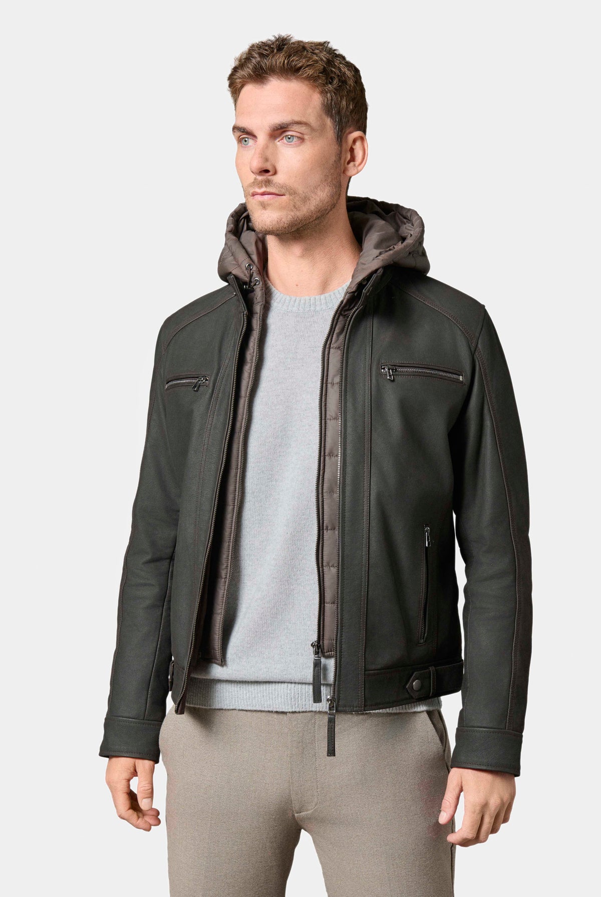 Blouson en cuir avec capuche amovible, Jerem