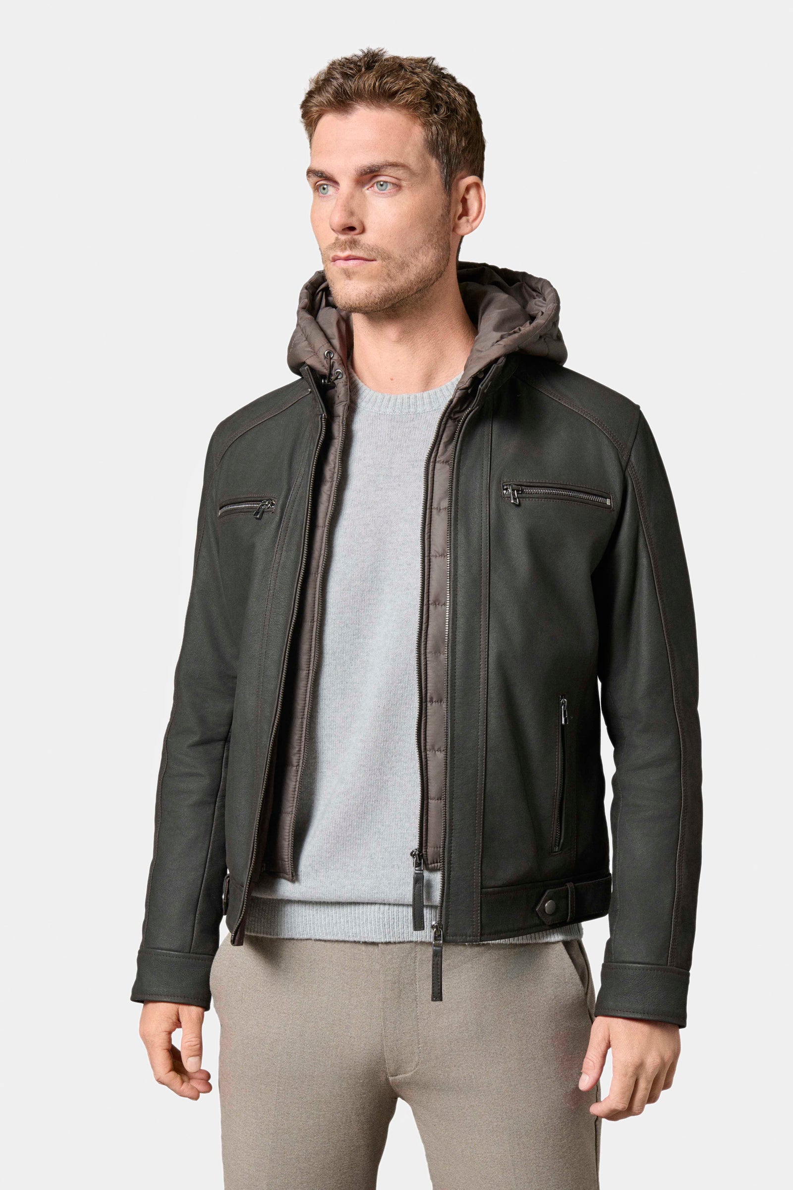 Blouson en cuir avec capuche amovible, Jerem