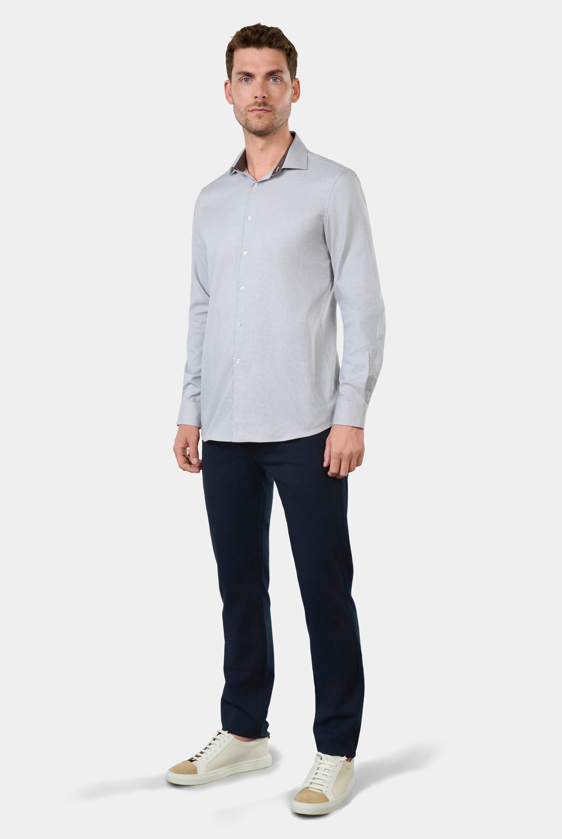 Chemise bicolore texturée en coton repassage facile coupe ajustée col semi-italien Jerem, repassage facile, col semi-italien
