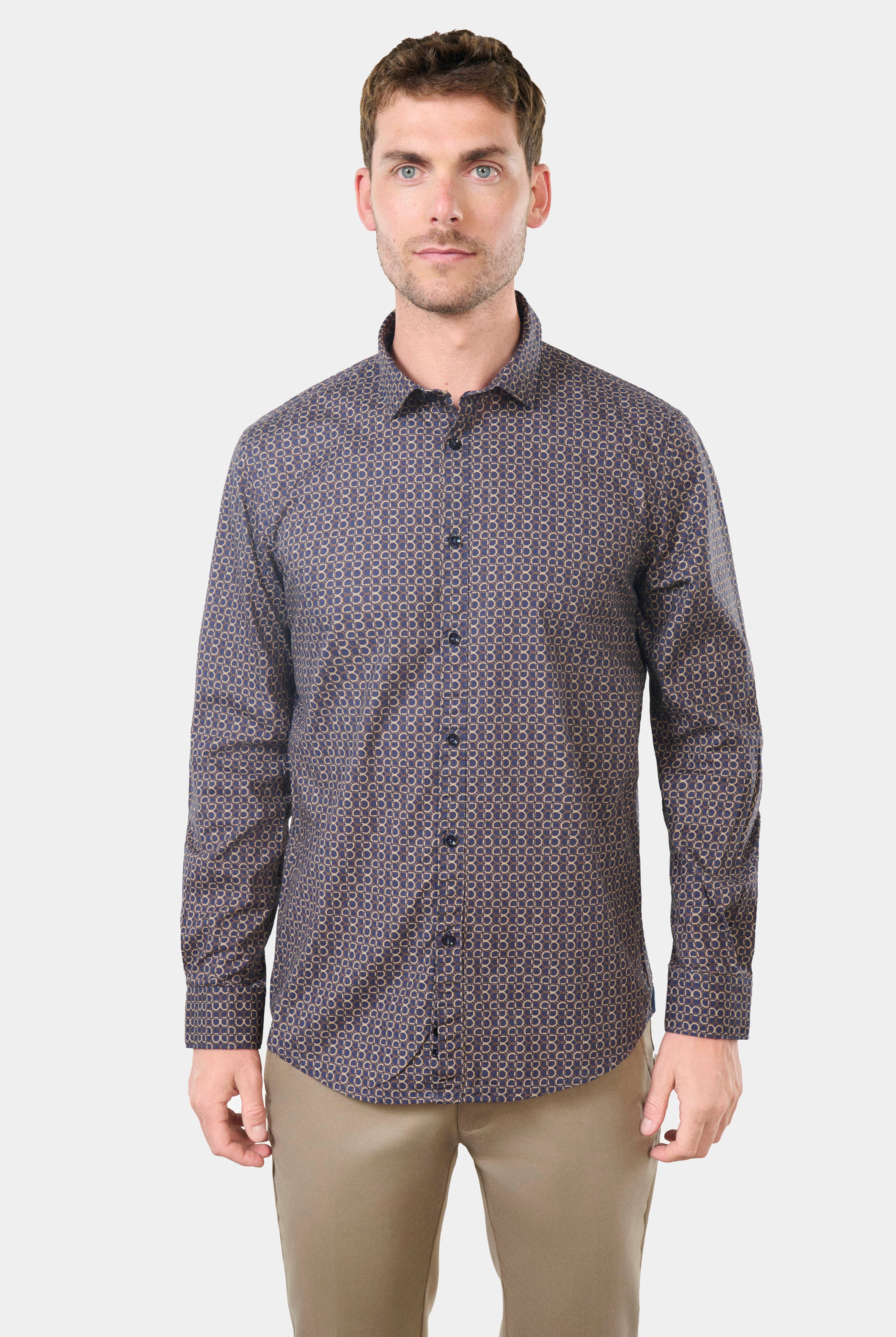 Chemise en coton brossé carreaux semi-italien coupe confortable Jerem, col semi-italien, coupe confortable