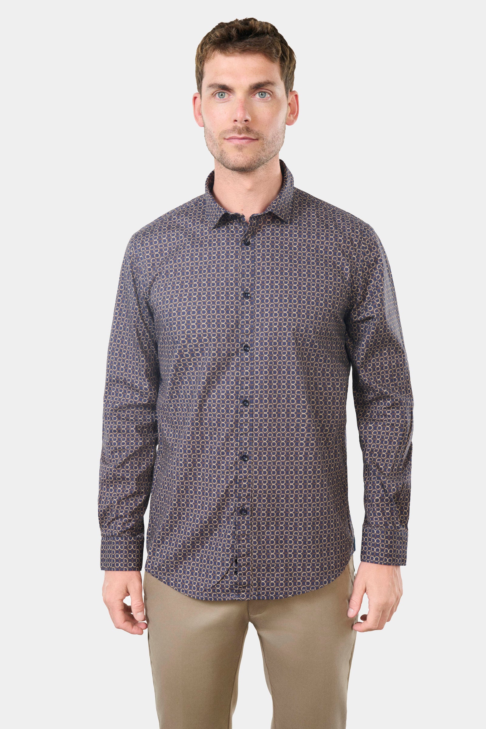 Chemise en coton brossé carreaux semi-italien coupe confortable Jerem, col semi-italien, coupe confortable