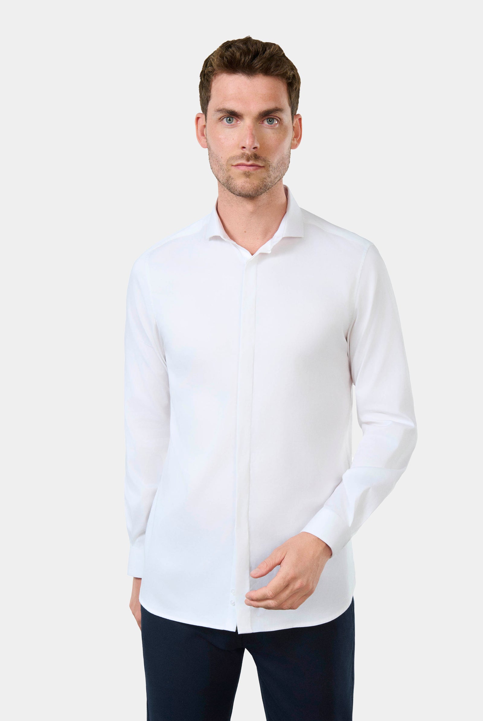 Chemise satin de coton stretch slim fit Jerem, col semi-italien