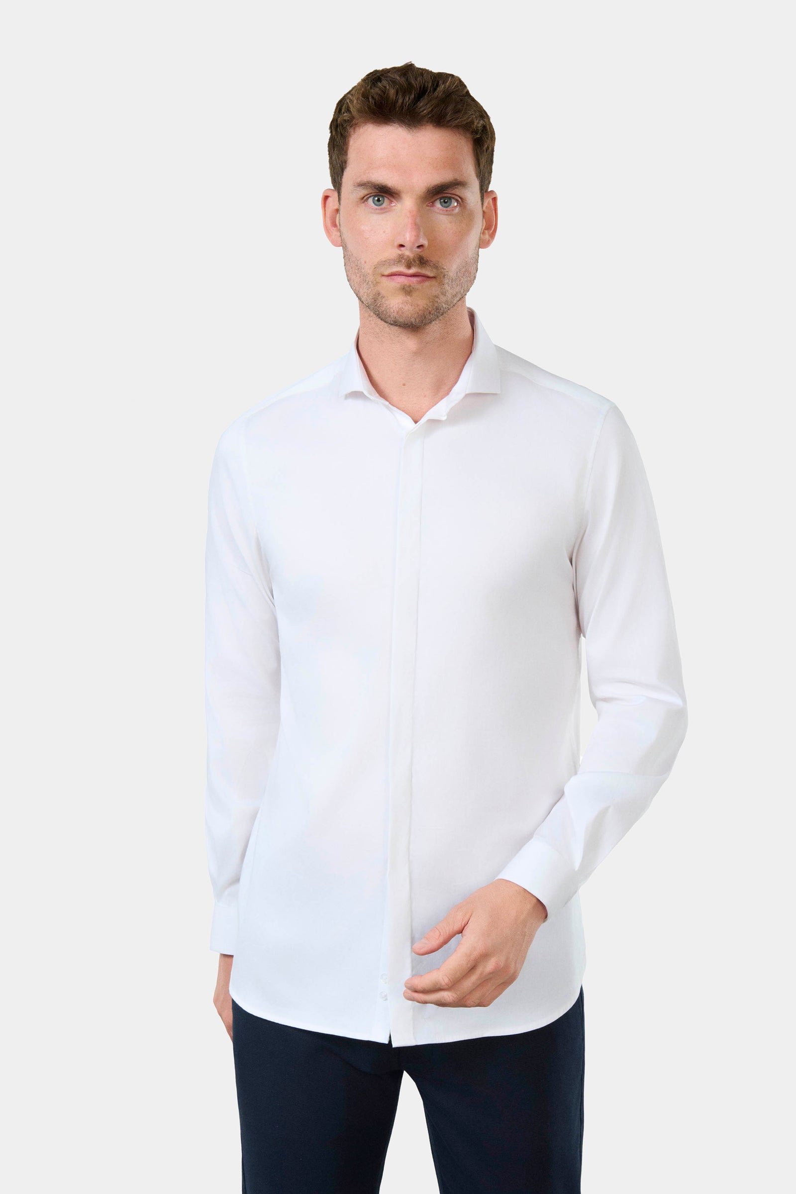 Chemise satin de coton stretch slim fit Jerem, col semi-italien