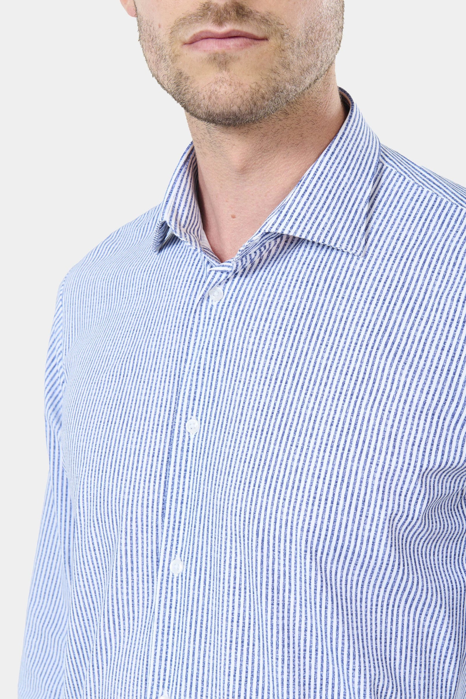 Chemise imprimée rayures, matière stretch infroissable slim fit ligne activewear Jerem, col semi-italien