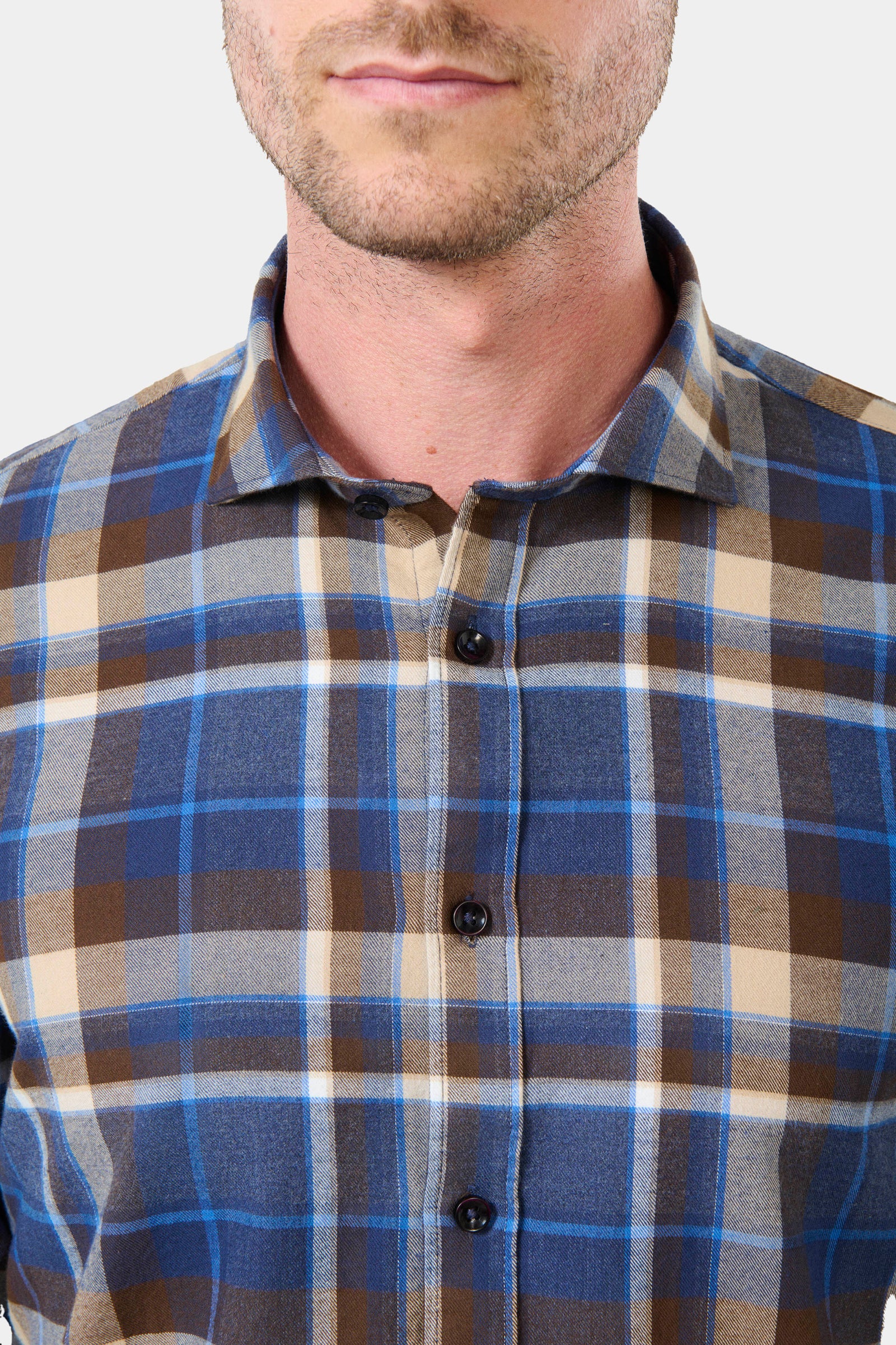 Chemise, coton brossé carreaux semi-italien coupe confortable Jerem, coupe confortable, col semi-italien