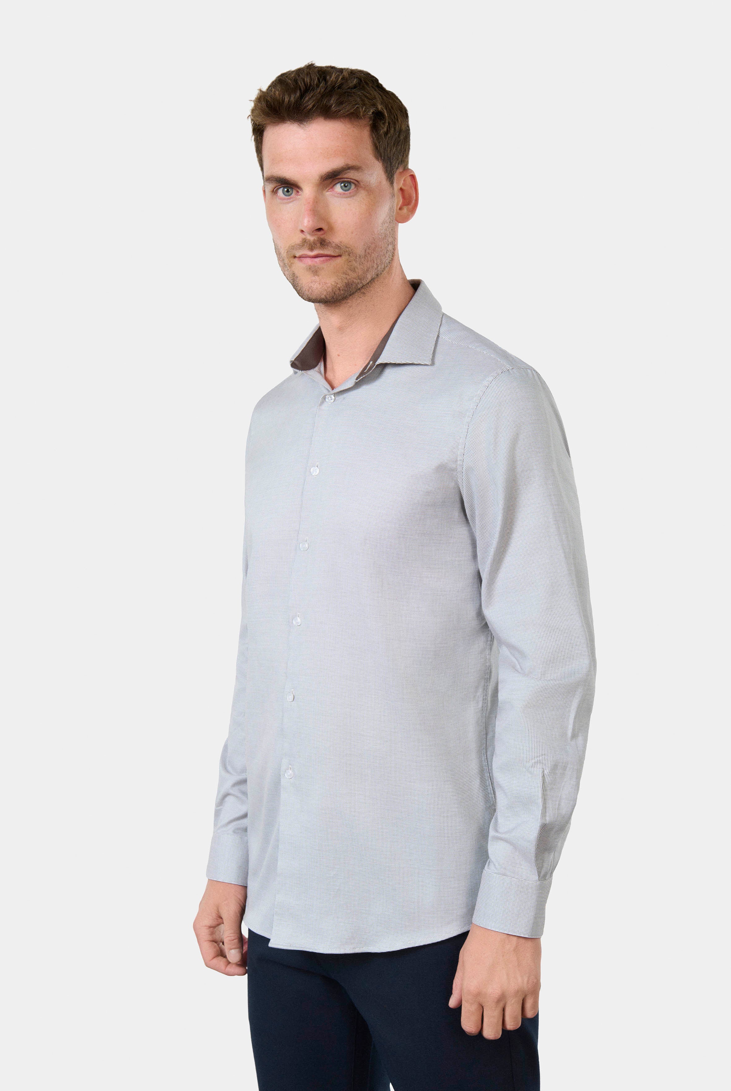 Chemise bicolore texturée en coton repassage facile ajustée col semi-italien Jerem, col semi-italien, coupe ajustée