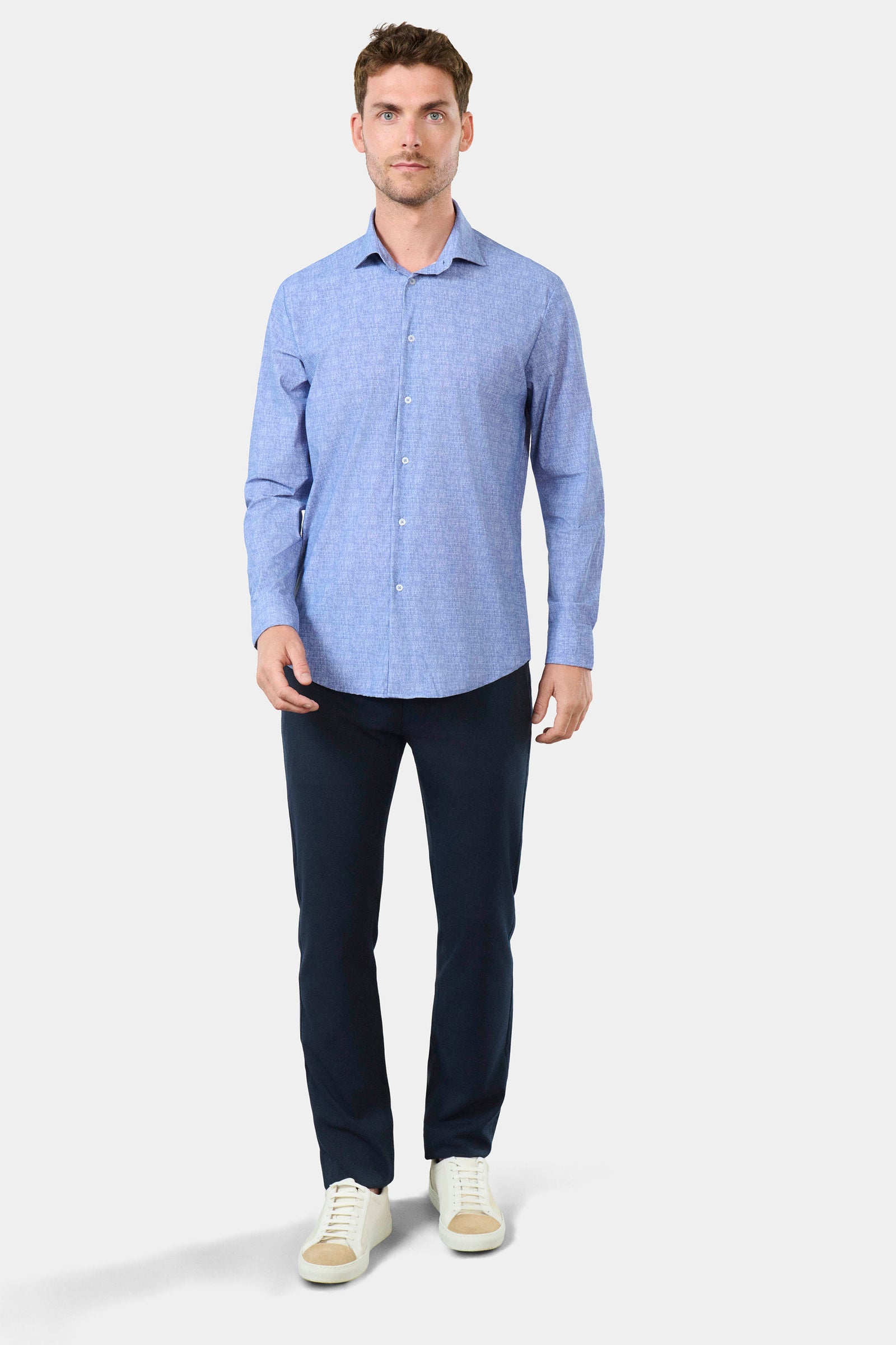 Matiëre stretch infroissable slim fit ligne activewear — Chemise imprimée chinée Jerem, col semi-italien