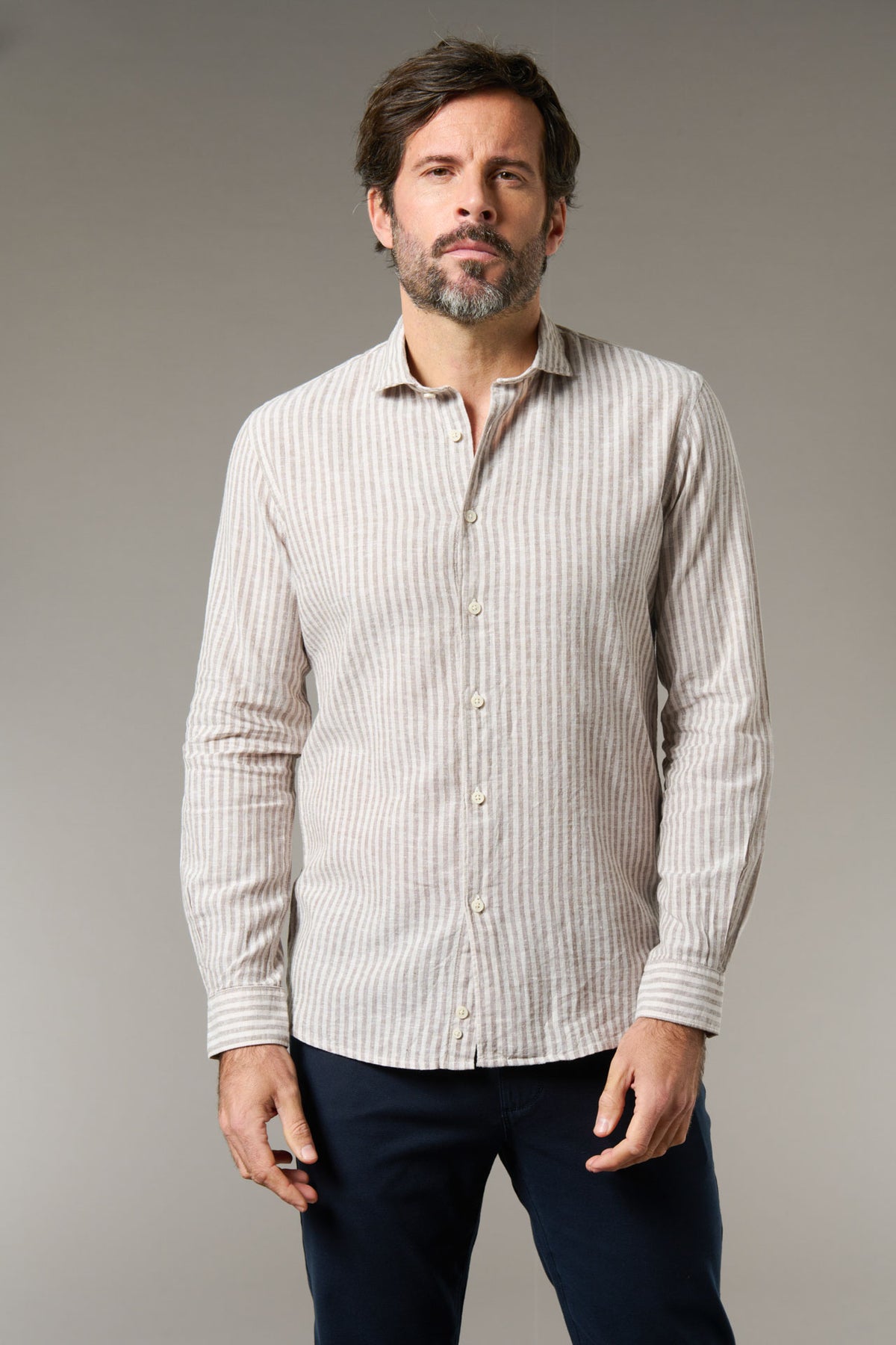 Chemise rayures en lin et coton mélangés col semi-italien coupe confortable Jerem, col semi-italien, coupe confortable