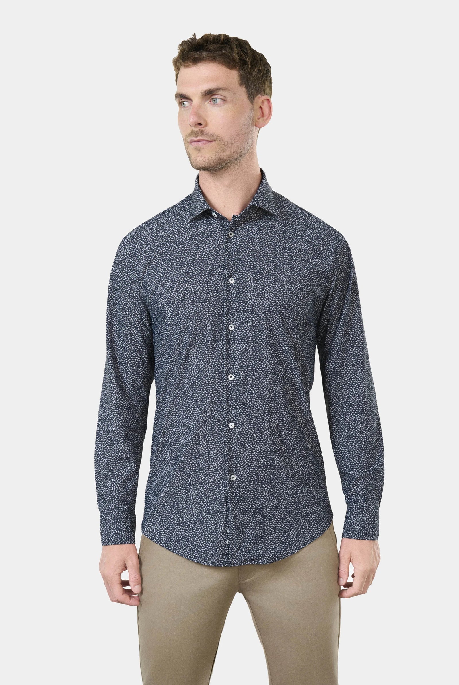 Chemise imprimée fantaisie en matière stretch infroissable slim fit ligne activewear Jerem, col semi-italien
