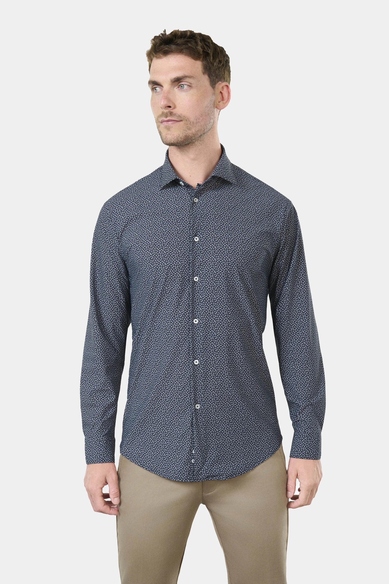 Chemise imprimée fantaisie en matière stretch infroissable slim fit ligne activewear Jerem, col semi-italien