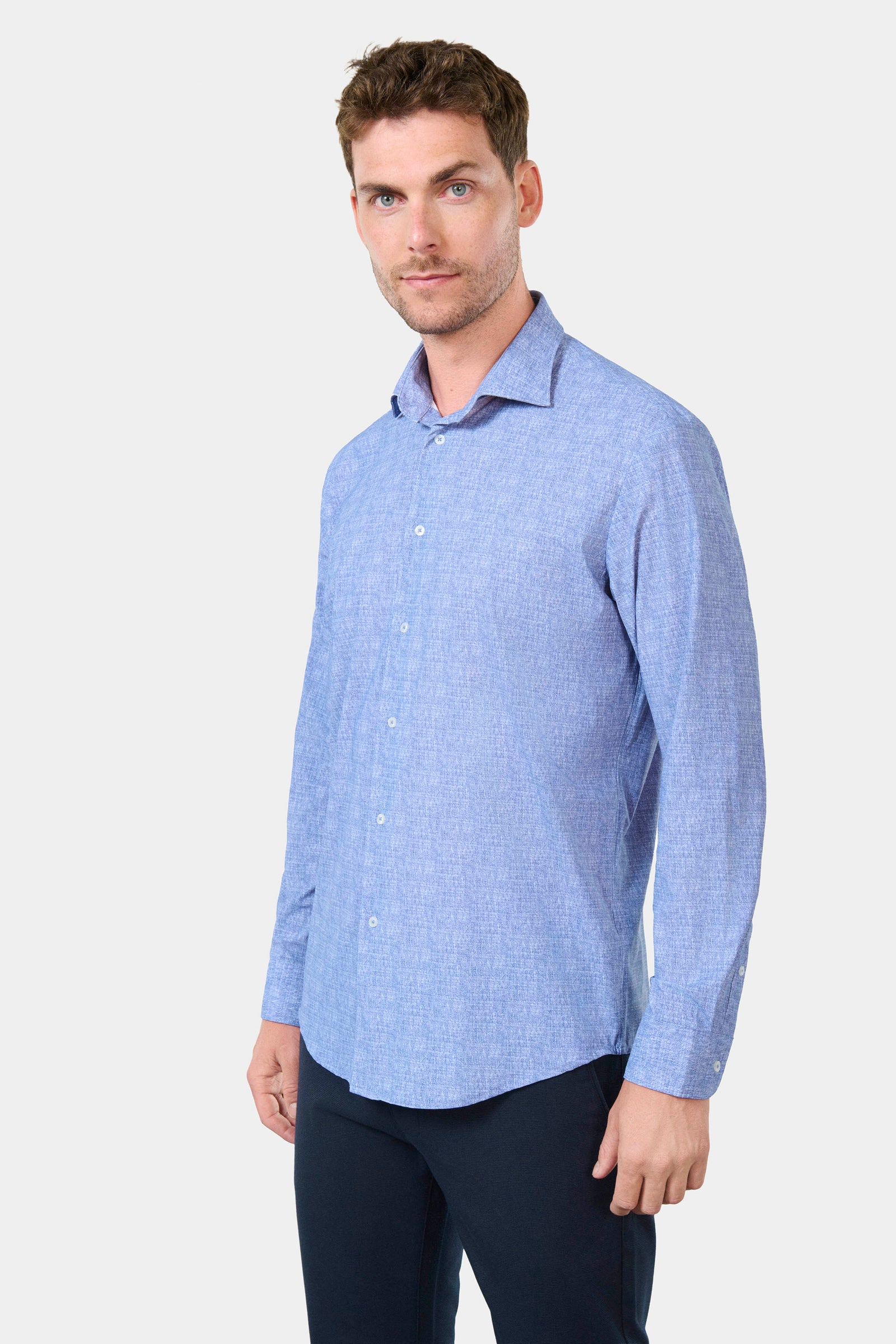 Chemise imprimée chinée en matiëre stretch infroissable slim fit ligne activewear Jerem, col semi-italien
