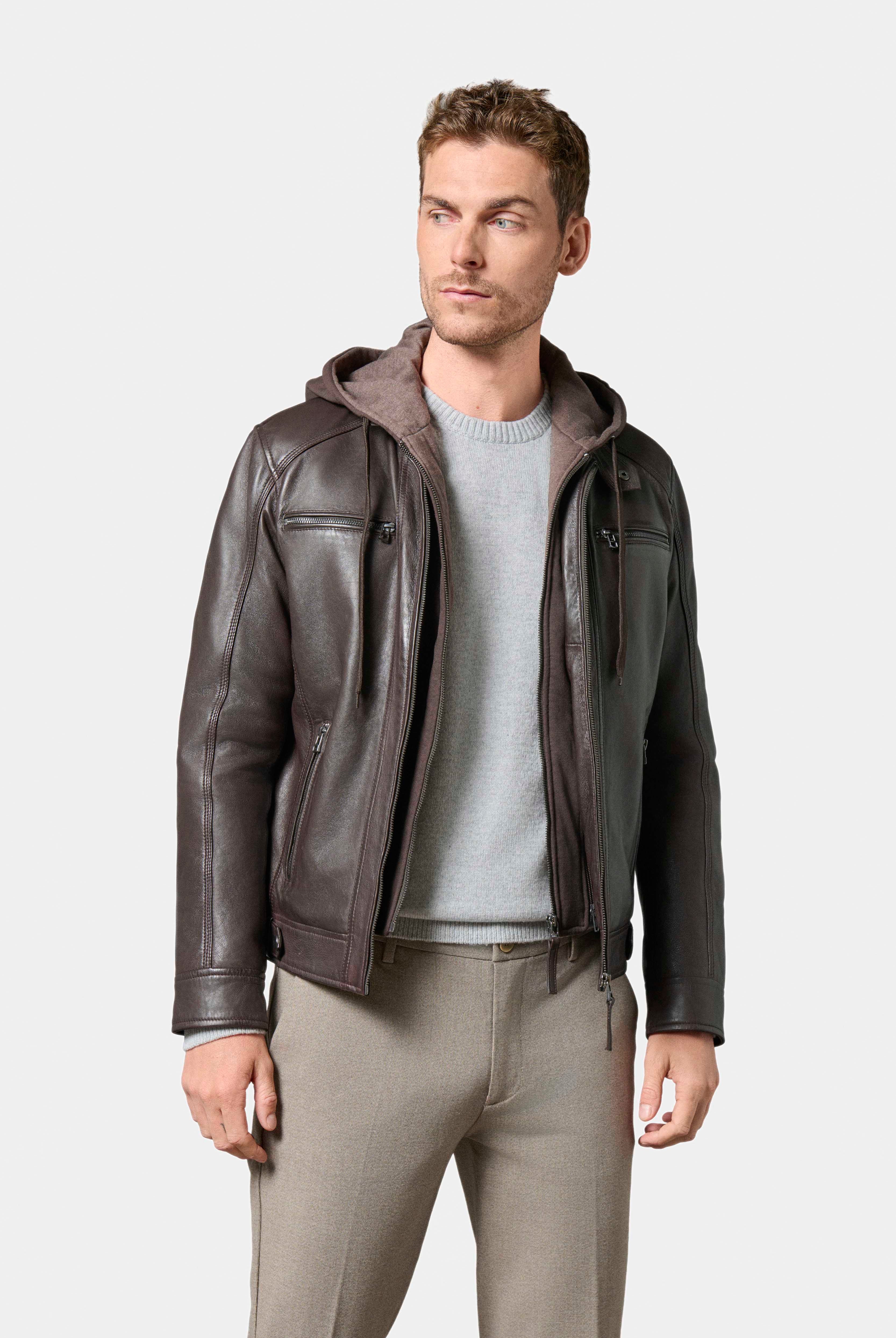 Blouson, cuir avec capuche amovible en molleton Jimmy Jerem