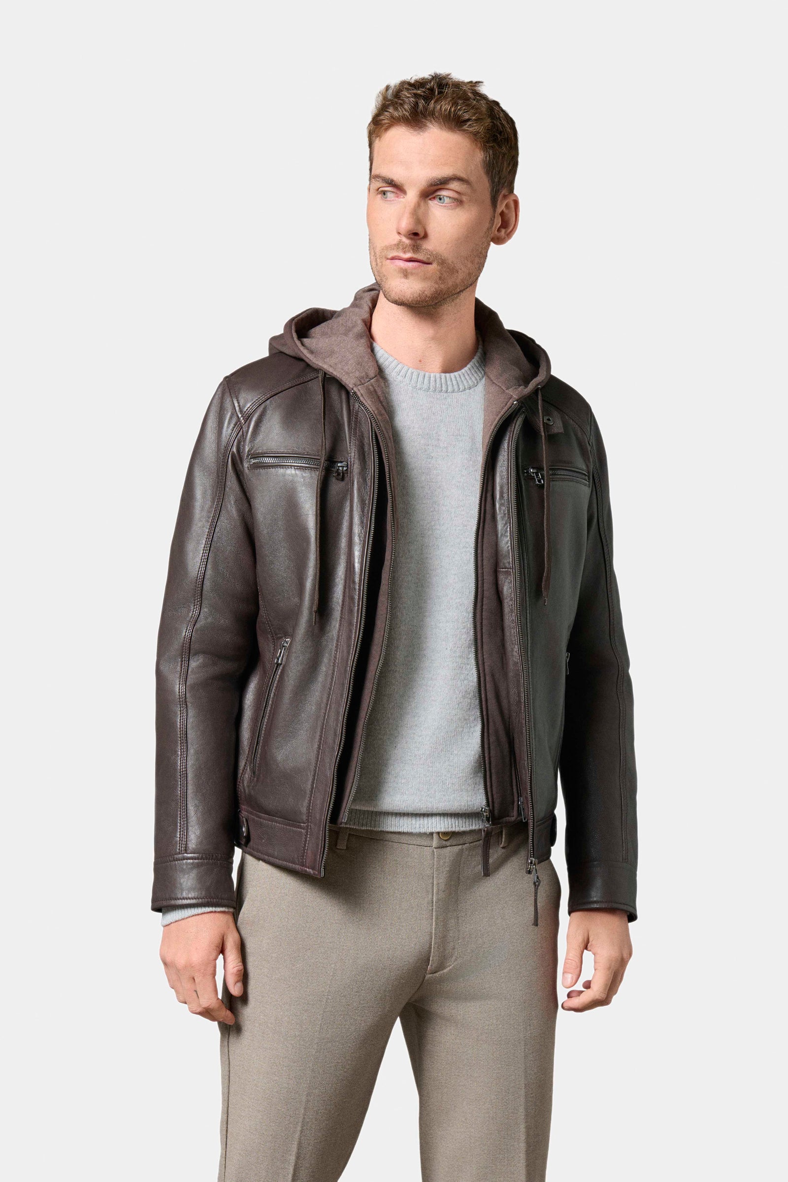Blouson, cuir avec capuche amovible en molleton Jimmy Jerem