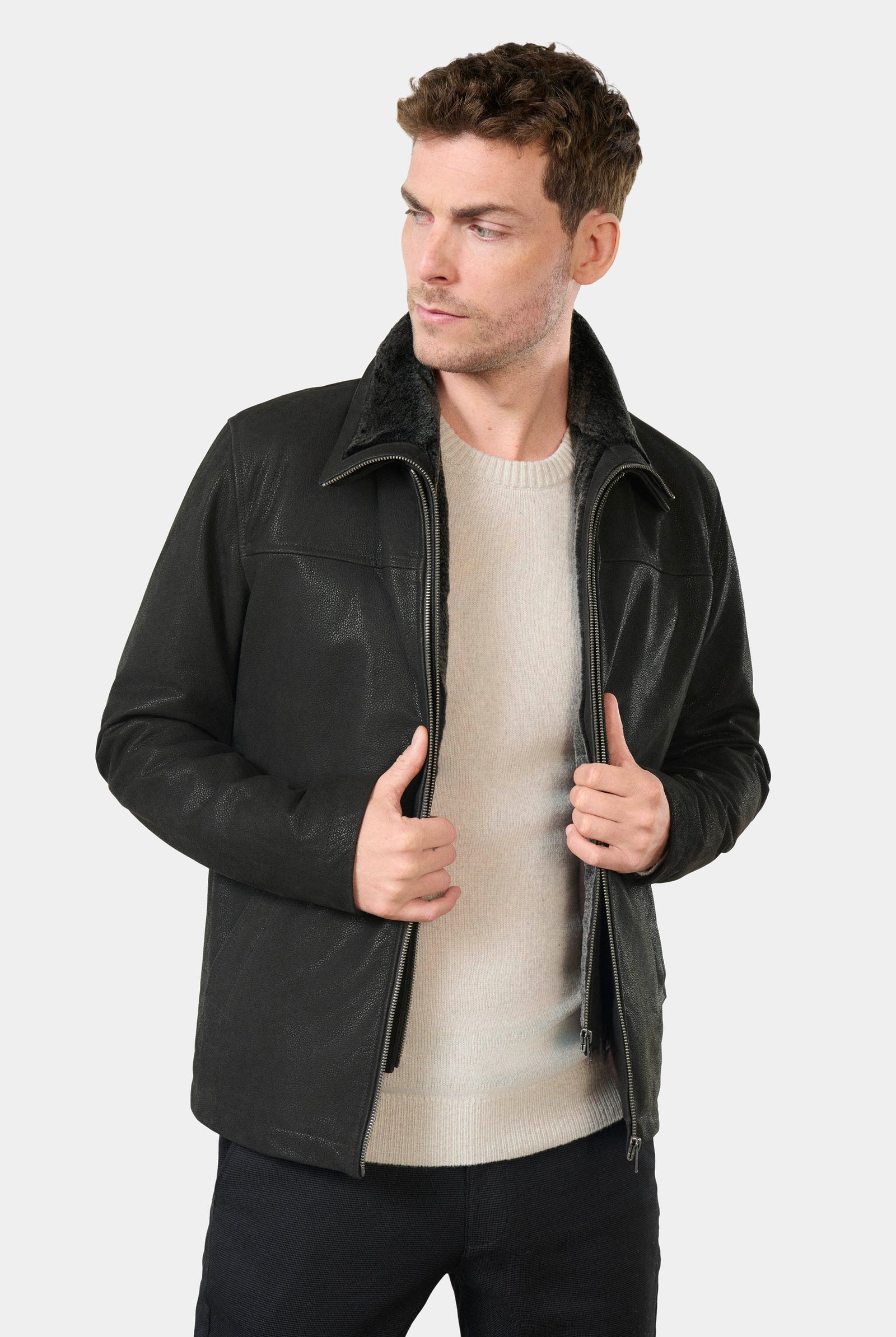 Cuir nubuck Poler — Blouson Jerem, col classique, coupe droite