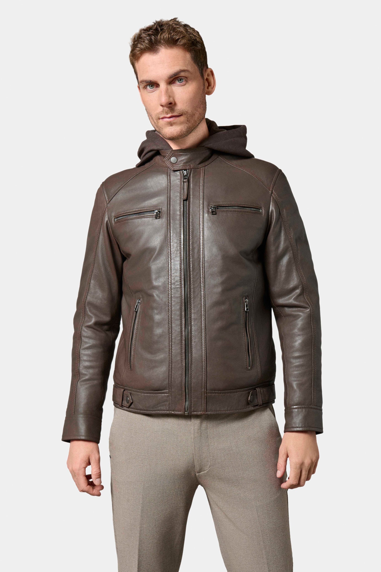 Blouson en cuir avec capuche amovible en molleton Jimmy Jerem vue 5