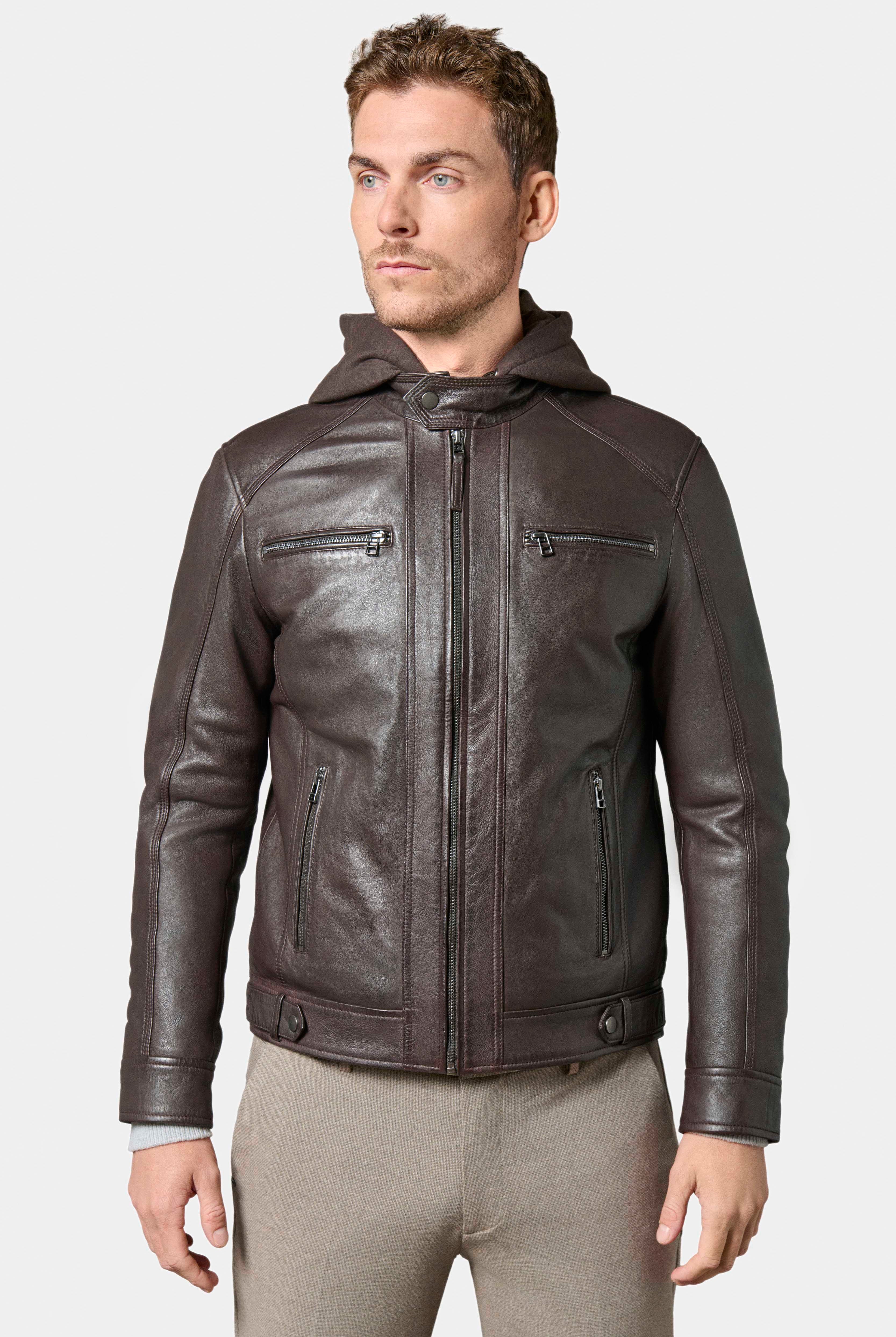 Blouson en cuir avec capuche amovible en molleton Jimmy Jerem
