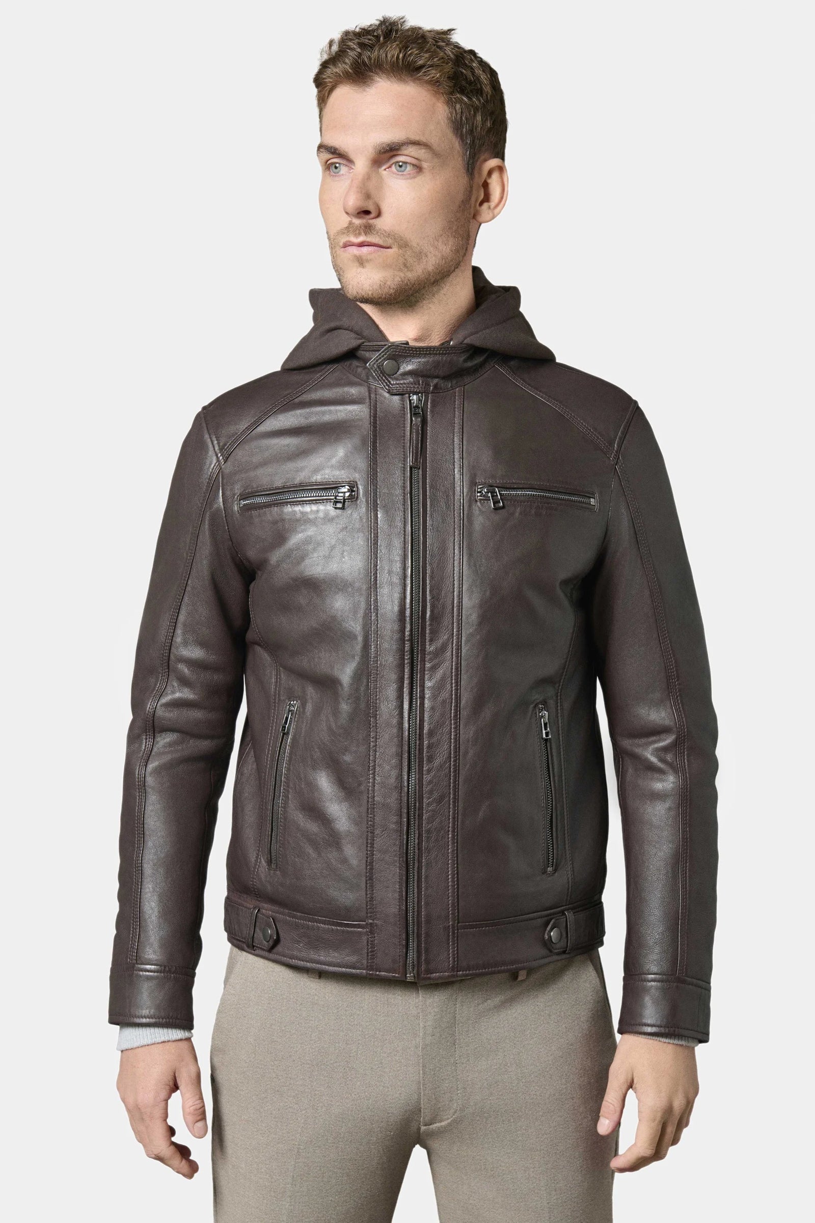 Blouson en cuir avec capuche amovible en molleton Jimmy Jerem