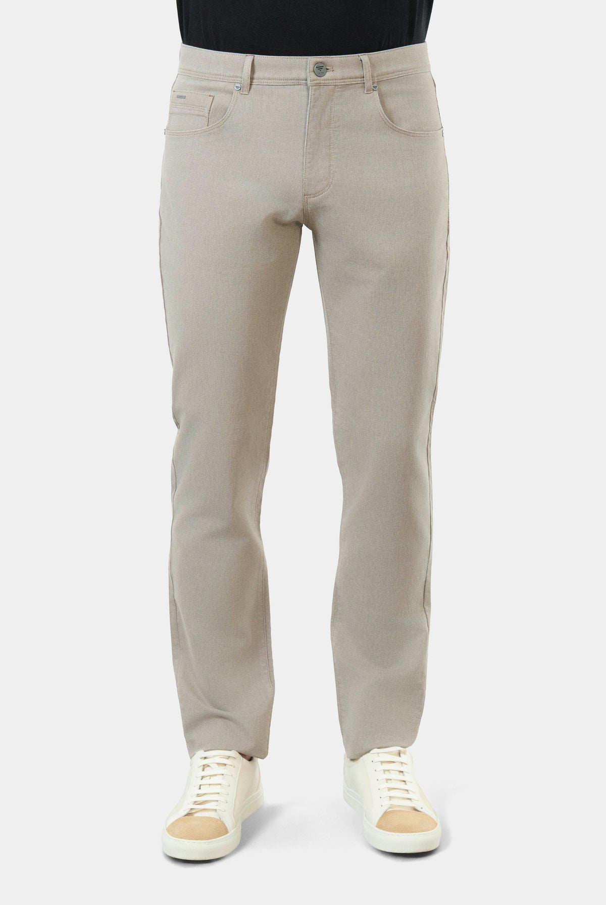 Pantalon cinq poches en tricotine stretch micro-motif Jerem, poches plaquées surpiquées