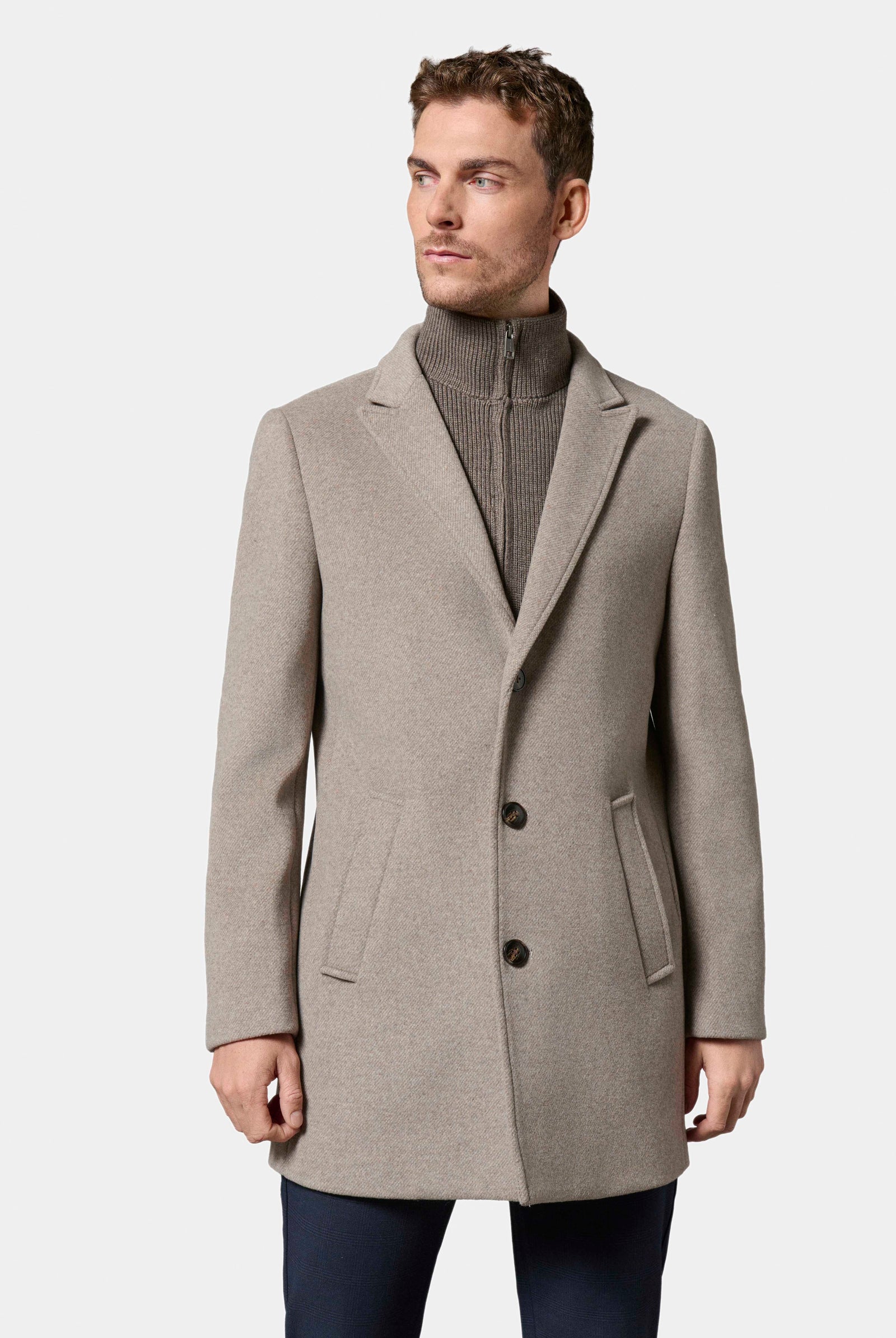 Manteau col tailleur avec plastron amovible en bord-côte Shuty Jerem, simple boutonnage, coupe confortable