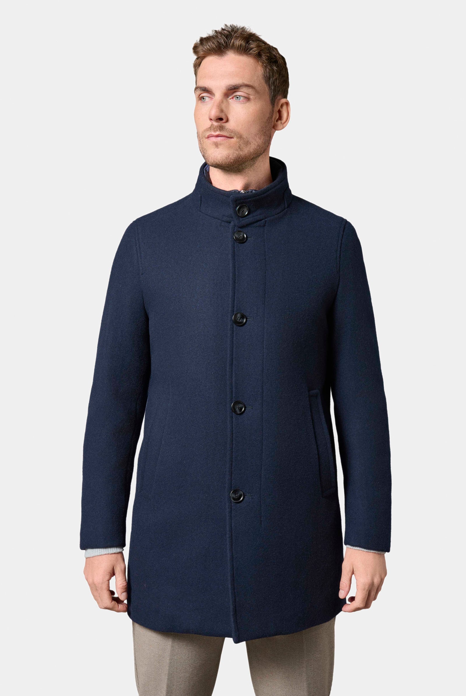 Manteau en laine col officier avec plastron amovible Colfi Jerem, simple boutonnage, coupe droite