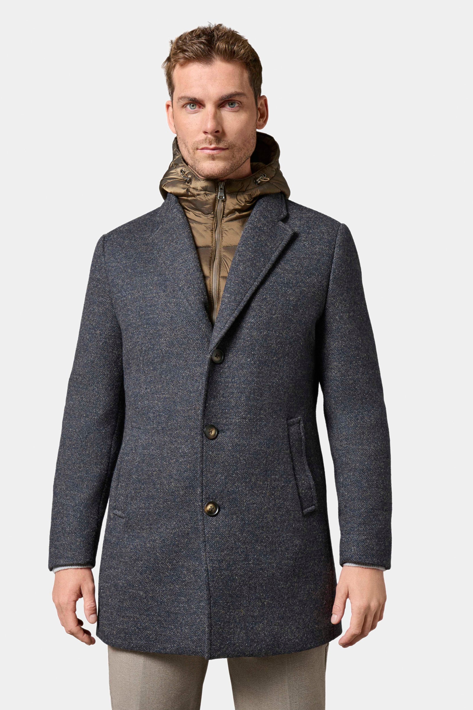 Manteau col tailleur avec plastron amovible capuche Hodlo Jerem, simple boutonnage, coupe confortable