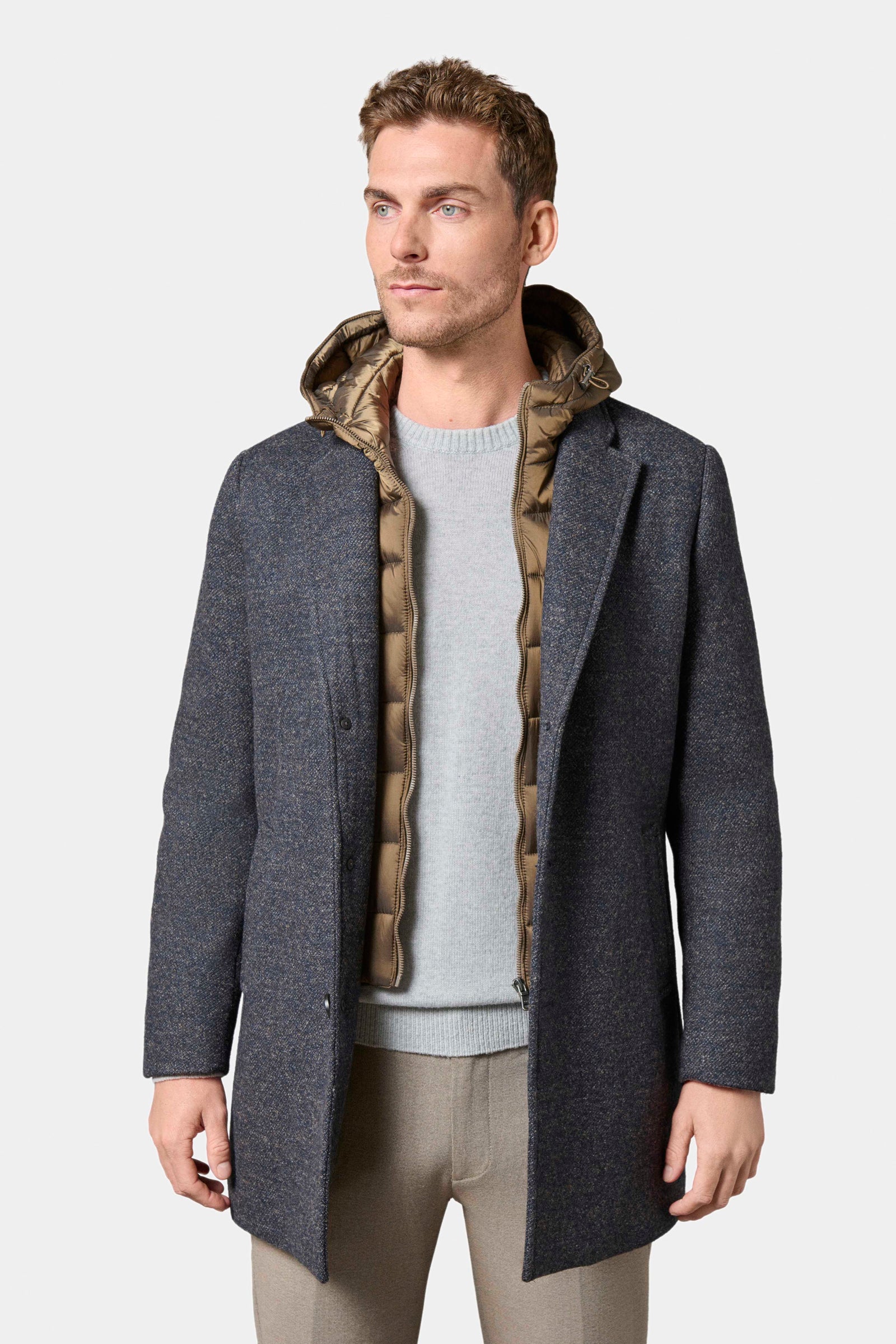 Manteau col tailleur avec plastron amovible capuche Hodlo Jerem, simple boutonnage