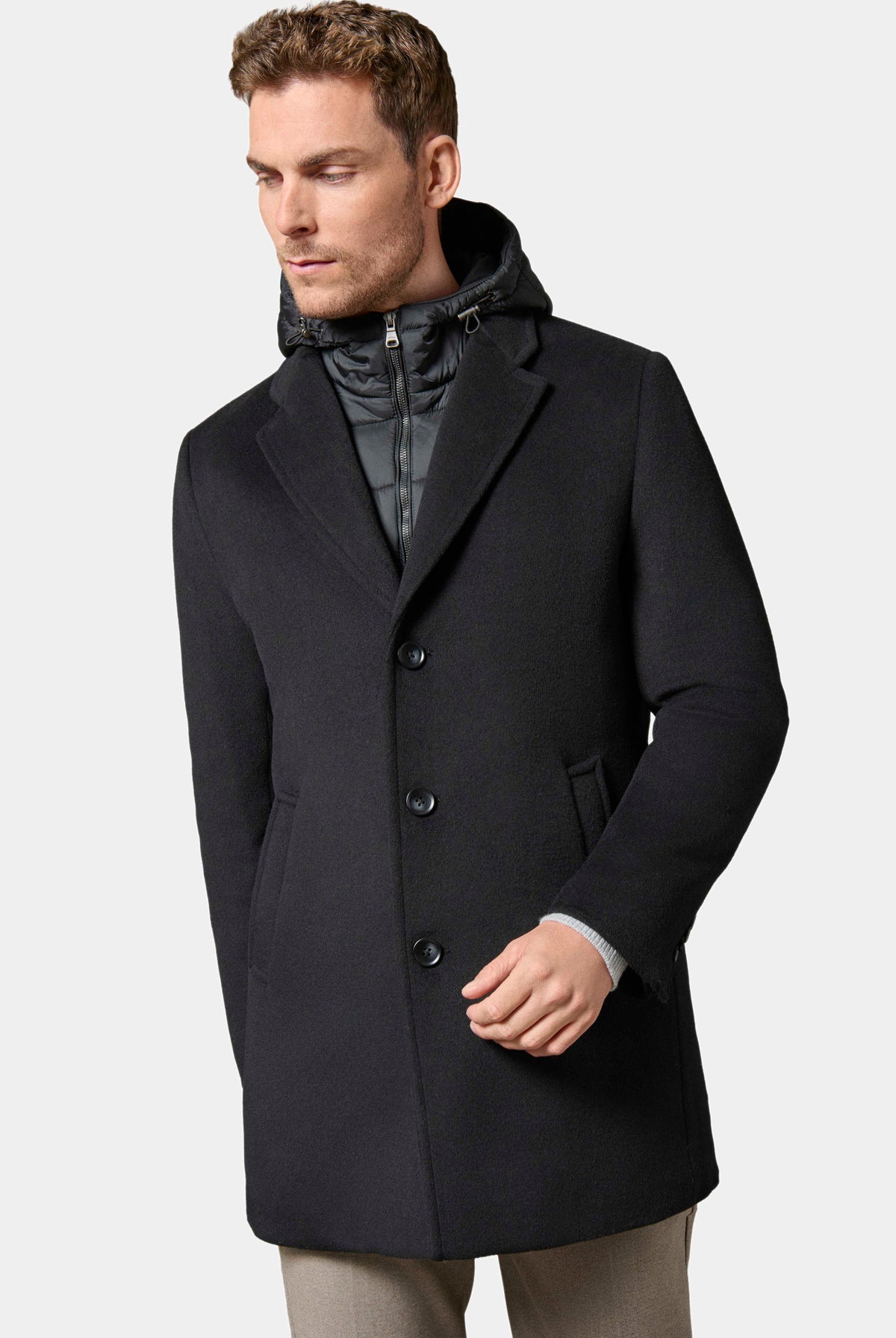 Manteau col tailleur avec plastron amovible capuche Hodyl Jerem, simple boutonnage, coupe confortable