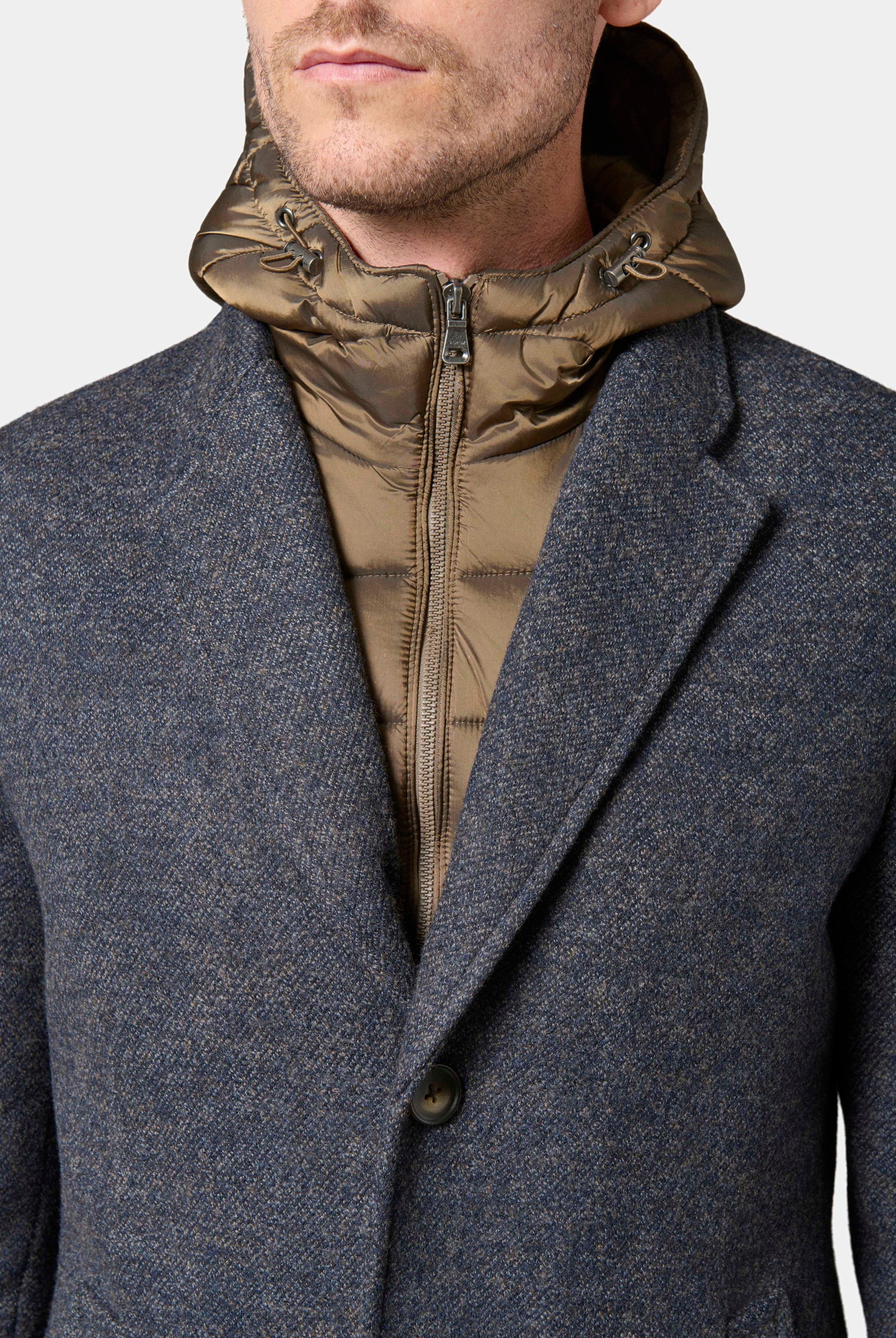 Manteau col tailleur avec plastron amovible capuche Hodlo Jerem, coupe confortable, simple boutonnage
