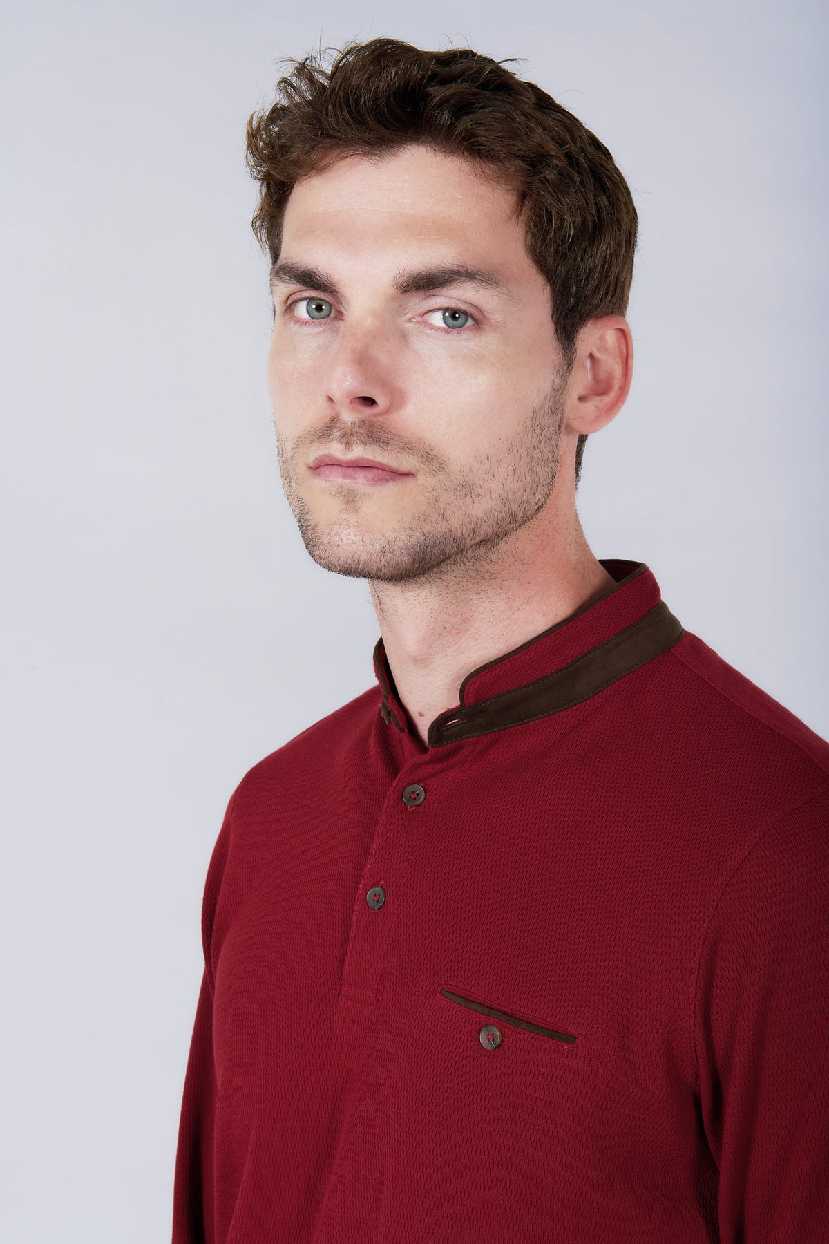Cyran mandarin collar polo by Jerem, chest pocket view 15