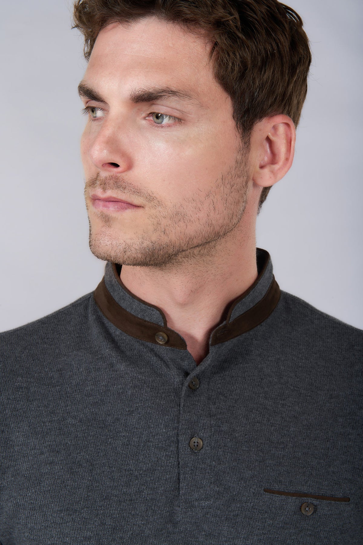 Cyran mandarin collar polo by Jerem, chest pocket view 2