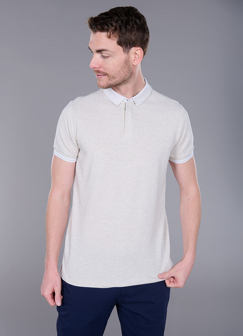 Piqué de coton avec cùtes rayures contrastantes sarde — Polo zippé Jerem, col polo, manches courtes