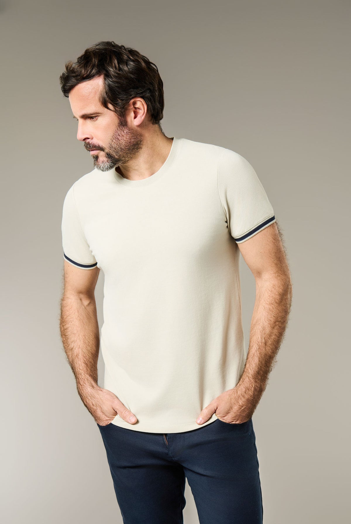 T-shirt en piqué de coton stretch col rond manches courtes clair Jerem, coupe confortable