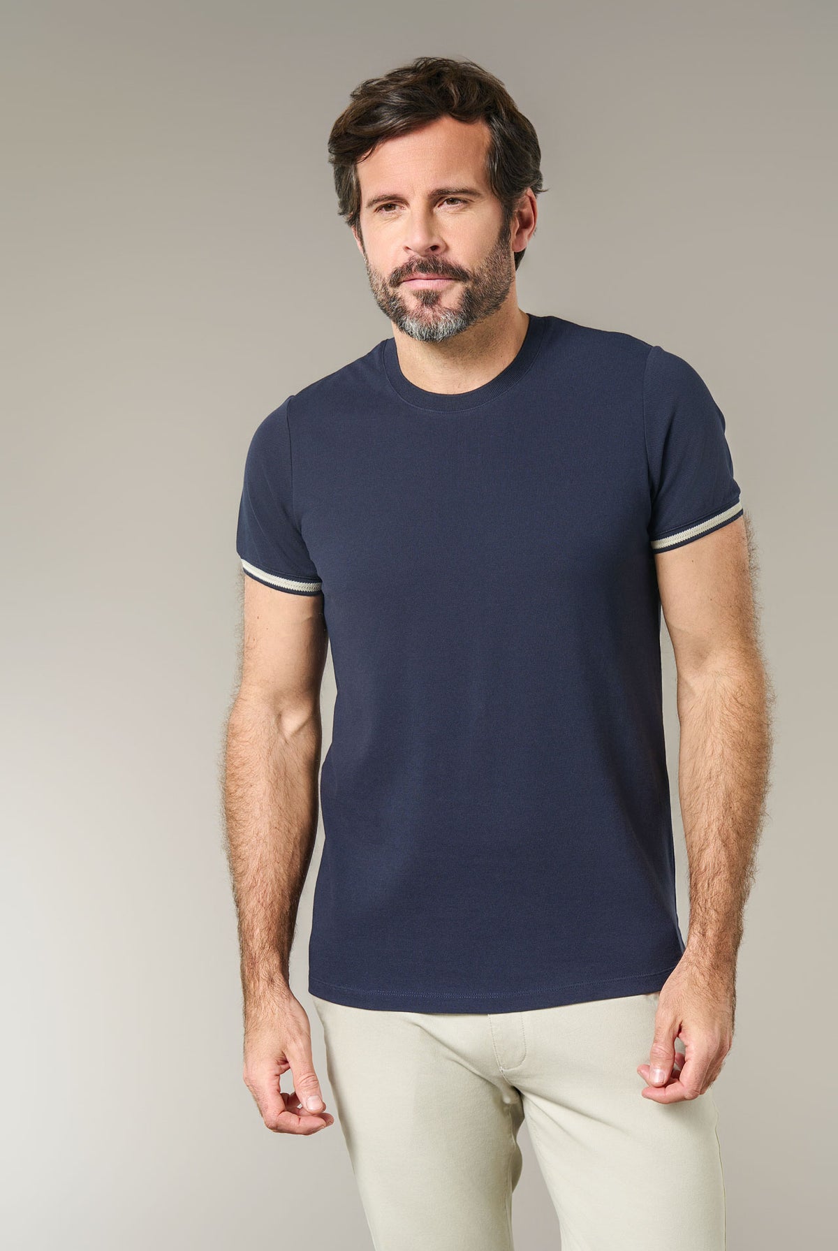Piqué de coton stretch col rond manches courtes clair — T-shirt Jerem, coupe confortable vue 7