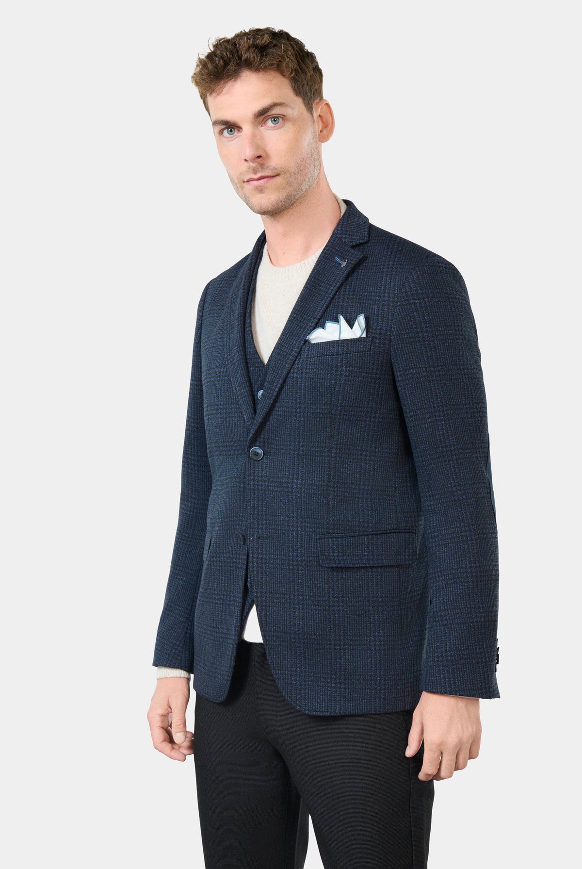 Veste de ville semi-ajustée en maille jacquard prince de galles Jerem, poches passepoilées à rabat, poche poitrine, simple...